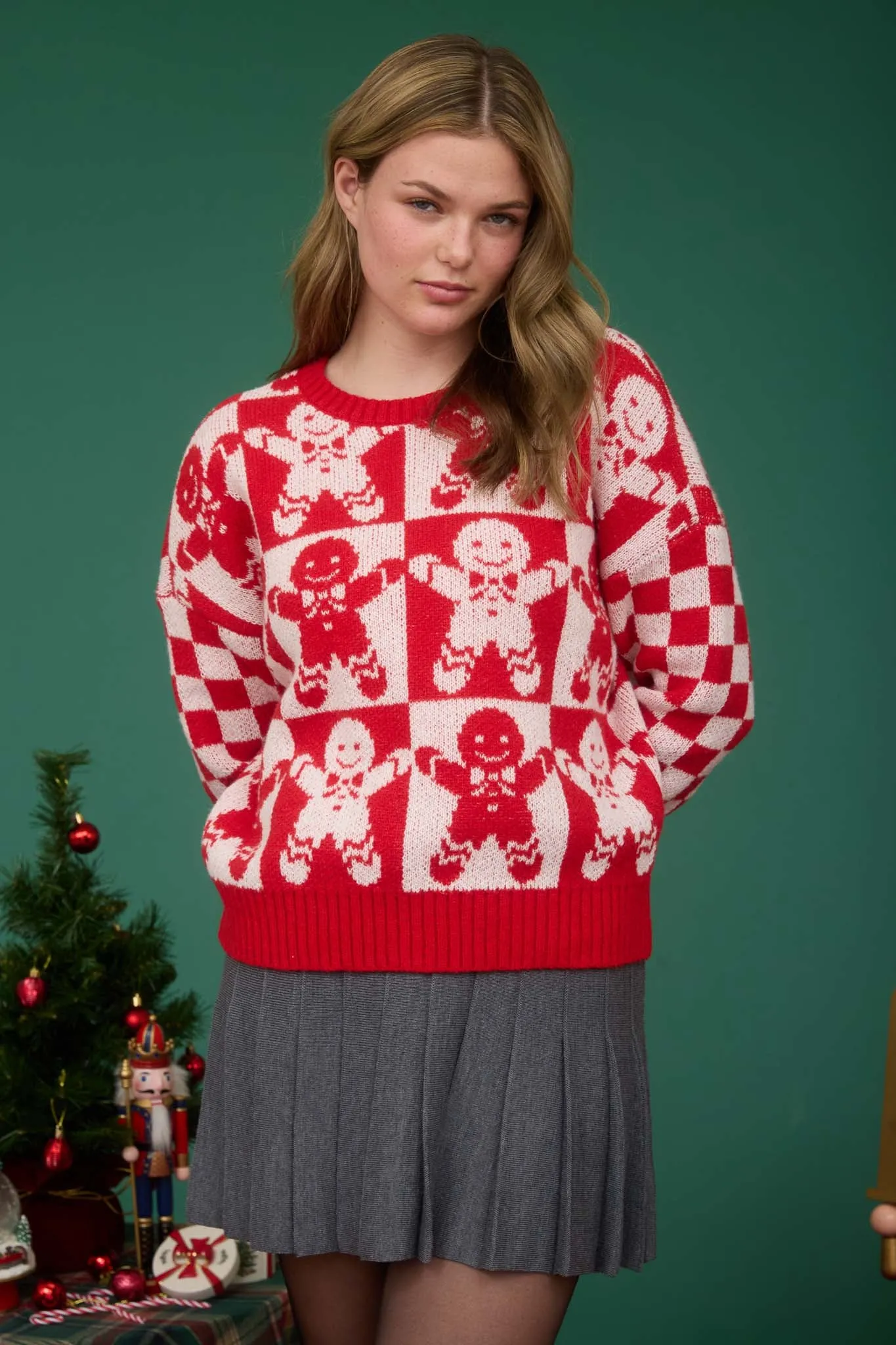 CHECKERED GINGERBREAD JACQUARD KNIT SWEATER sold by Blu Pepper product image thumbnail 4