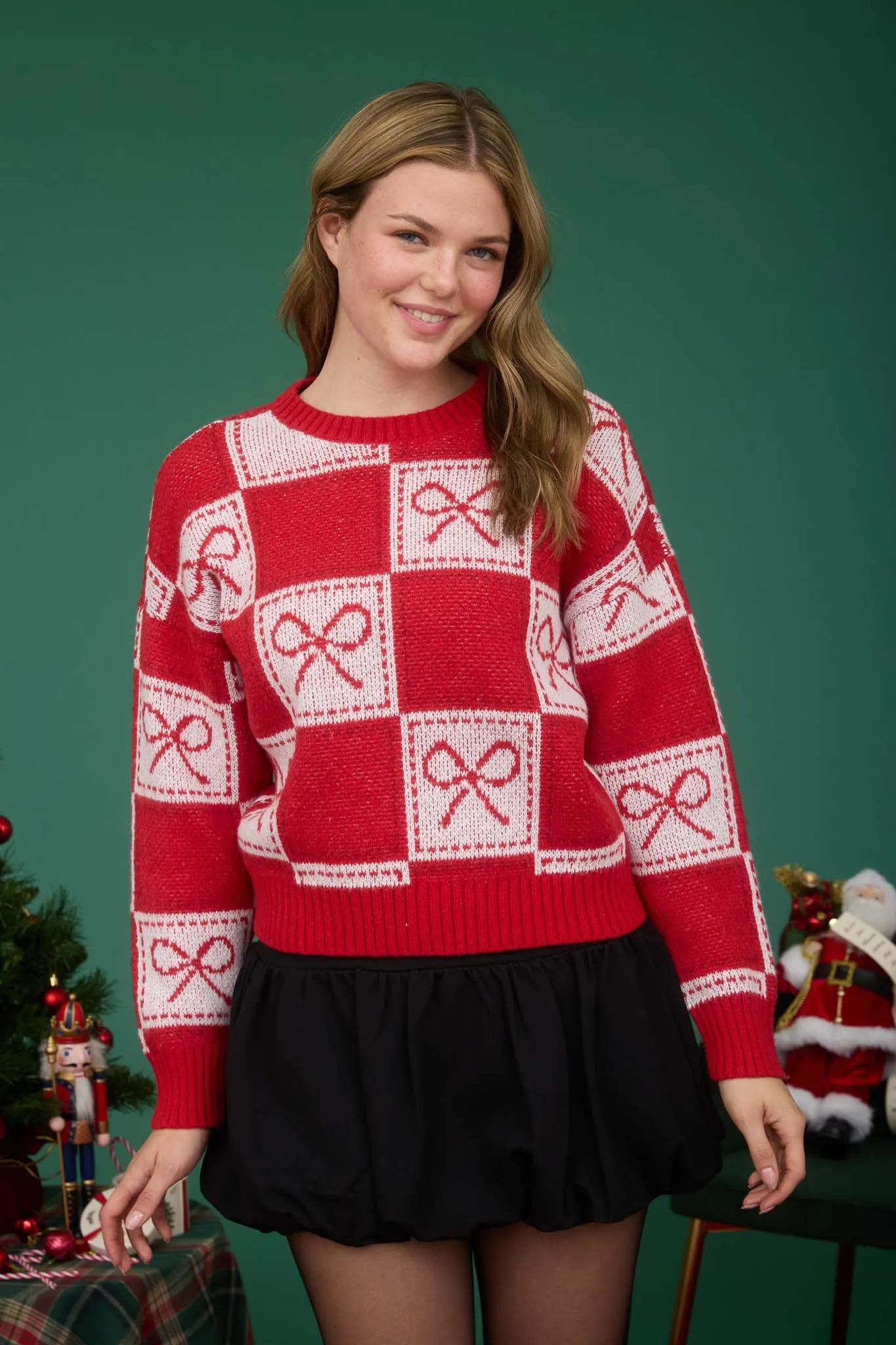 CHECKERED BOW JACQUARD CREWNECK KNIT SWEATER sold by Blu Pepper product image thumbnail 5