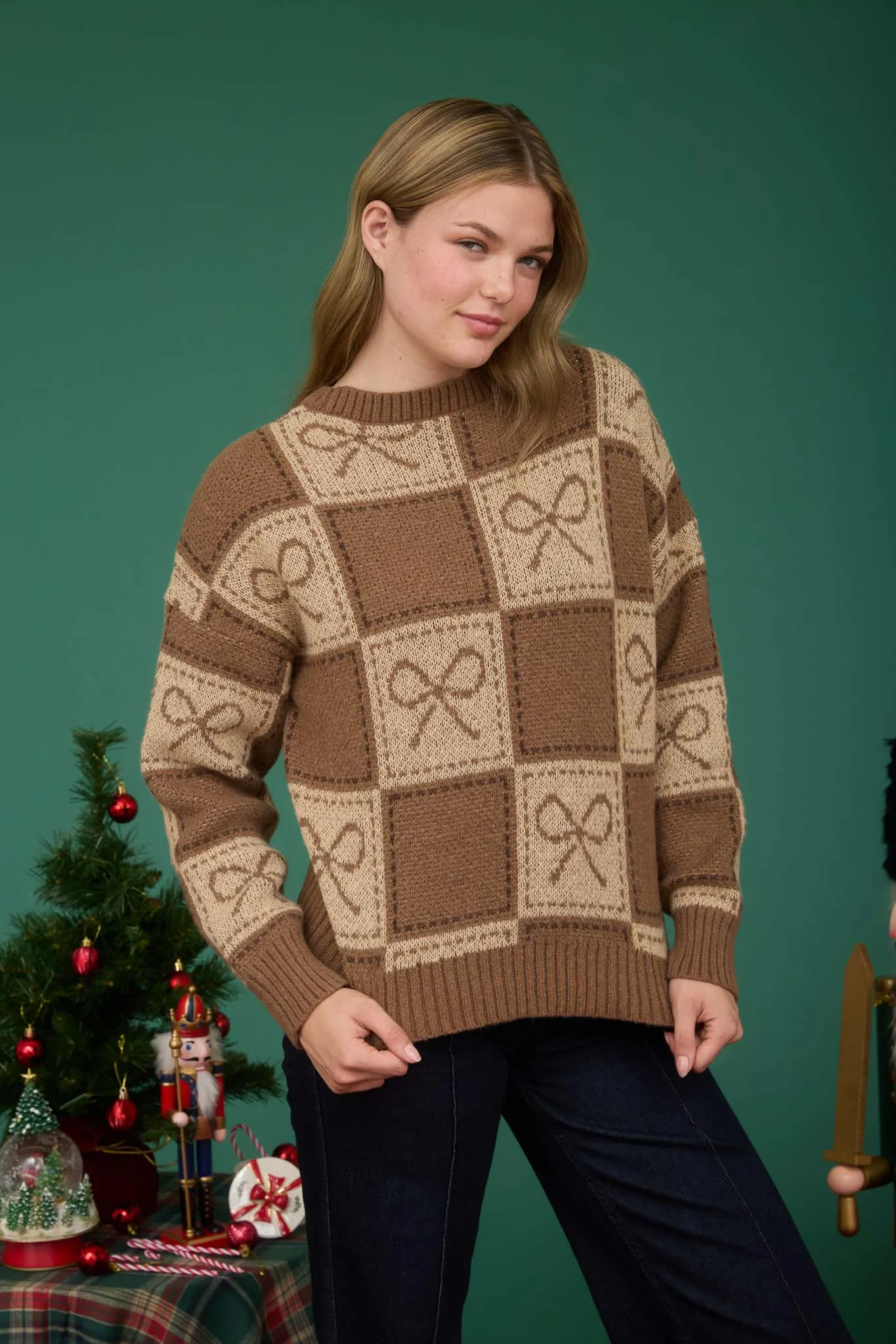 CHECKERED BOW JACQUARD CREWNECK KNIT SWEATER sold by Blu Pepper product image thumbnail 3