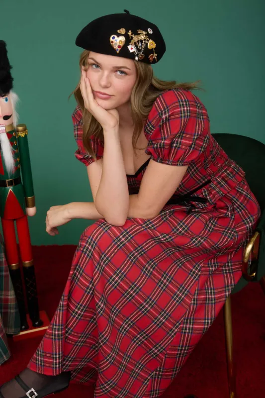 PLAID PUFF SLEEVE VELVET TRIM MIDI DRESS sold by Blu Pepper