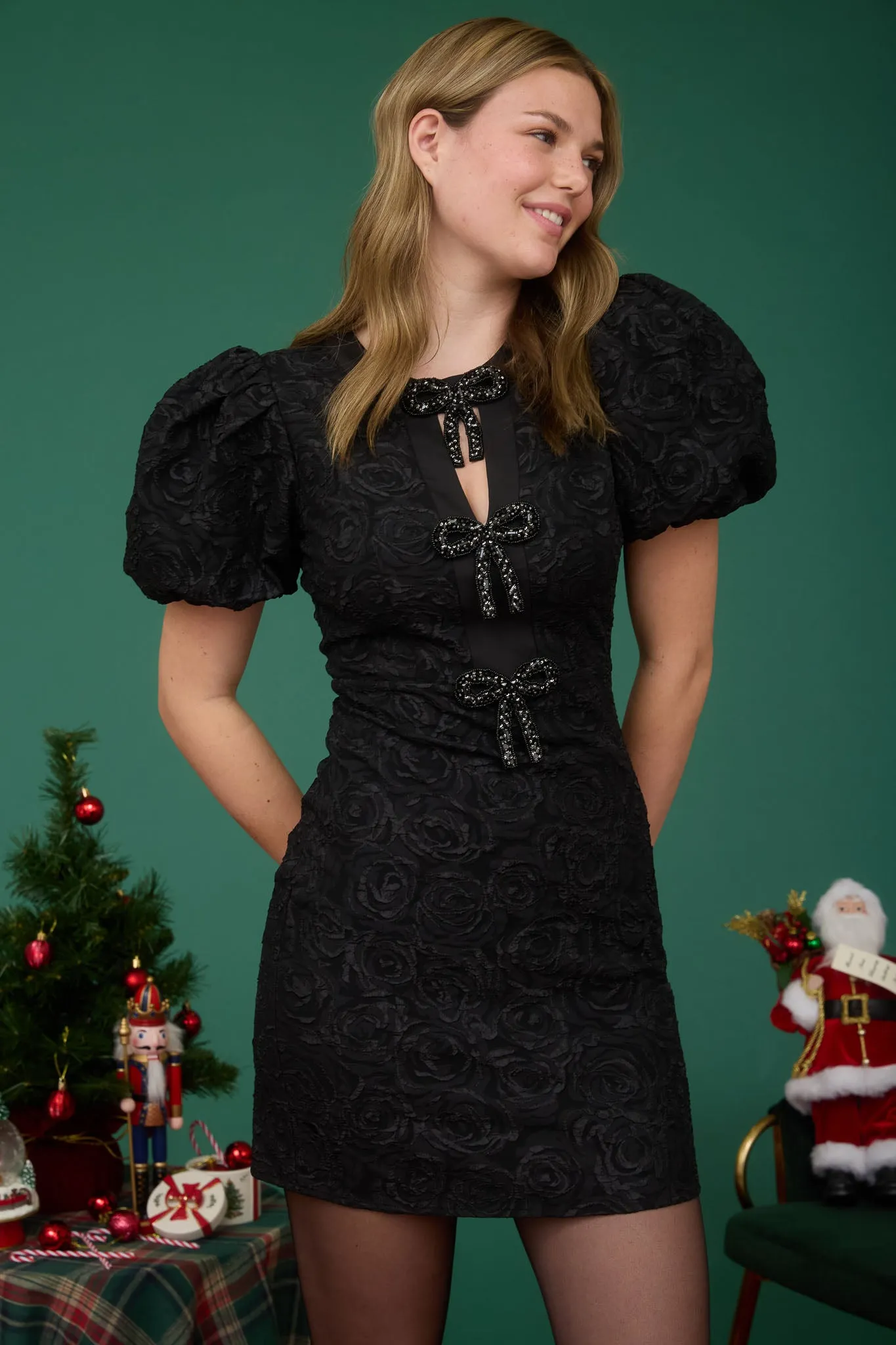 ROSE JACQUARD PUFF SLEEVE BOW DETAIL MINI DRESS sold by Blu Pepper product image thumbnail 3