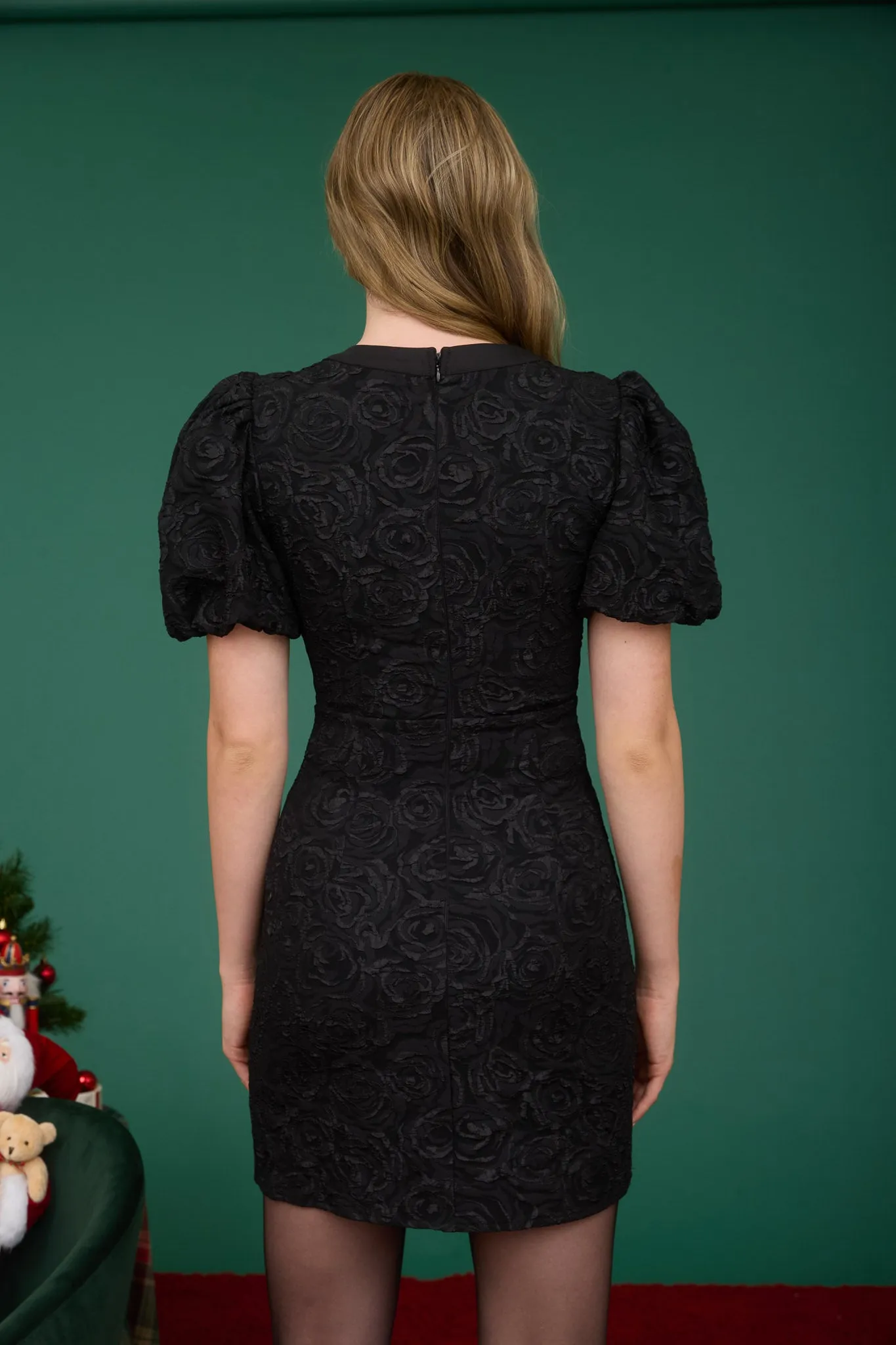 ROSE JACQUARD PUFF SLEEVE BOW DETAIL MINI DRESS sold by Blu Pepper product image thumbnail 2