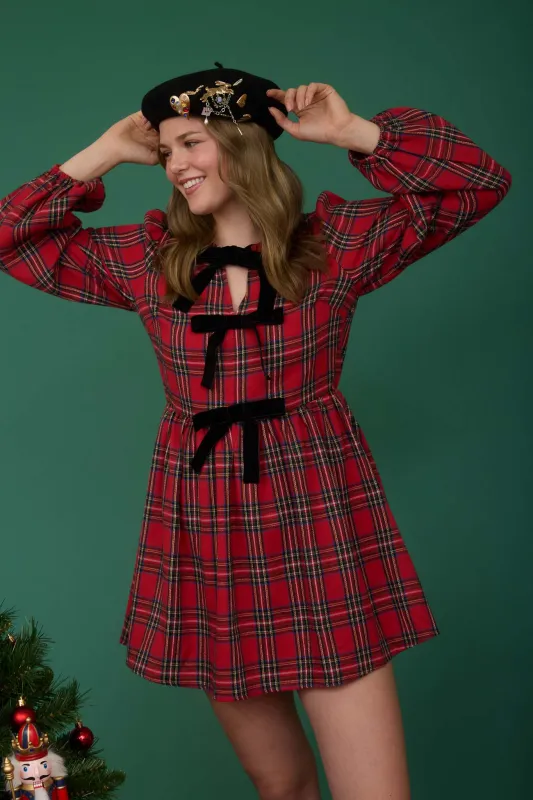 PLAID VELVET FRONT TIE LONG SLEEVE MINI DRESS sold by Blu Pepper