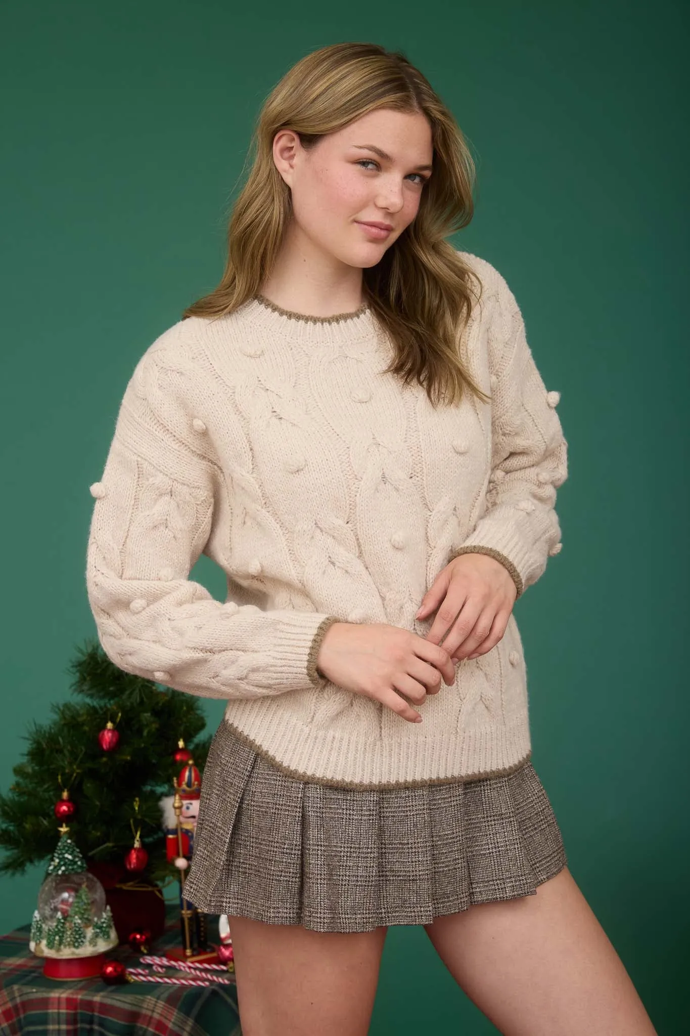 POM POM DETAIL CABLE KNIT PULLOVER KNIT SWEATER sold by Blu Pepper product image thumbnail 4