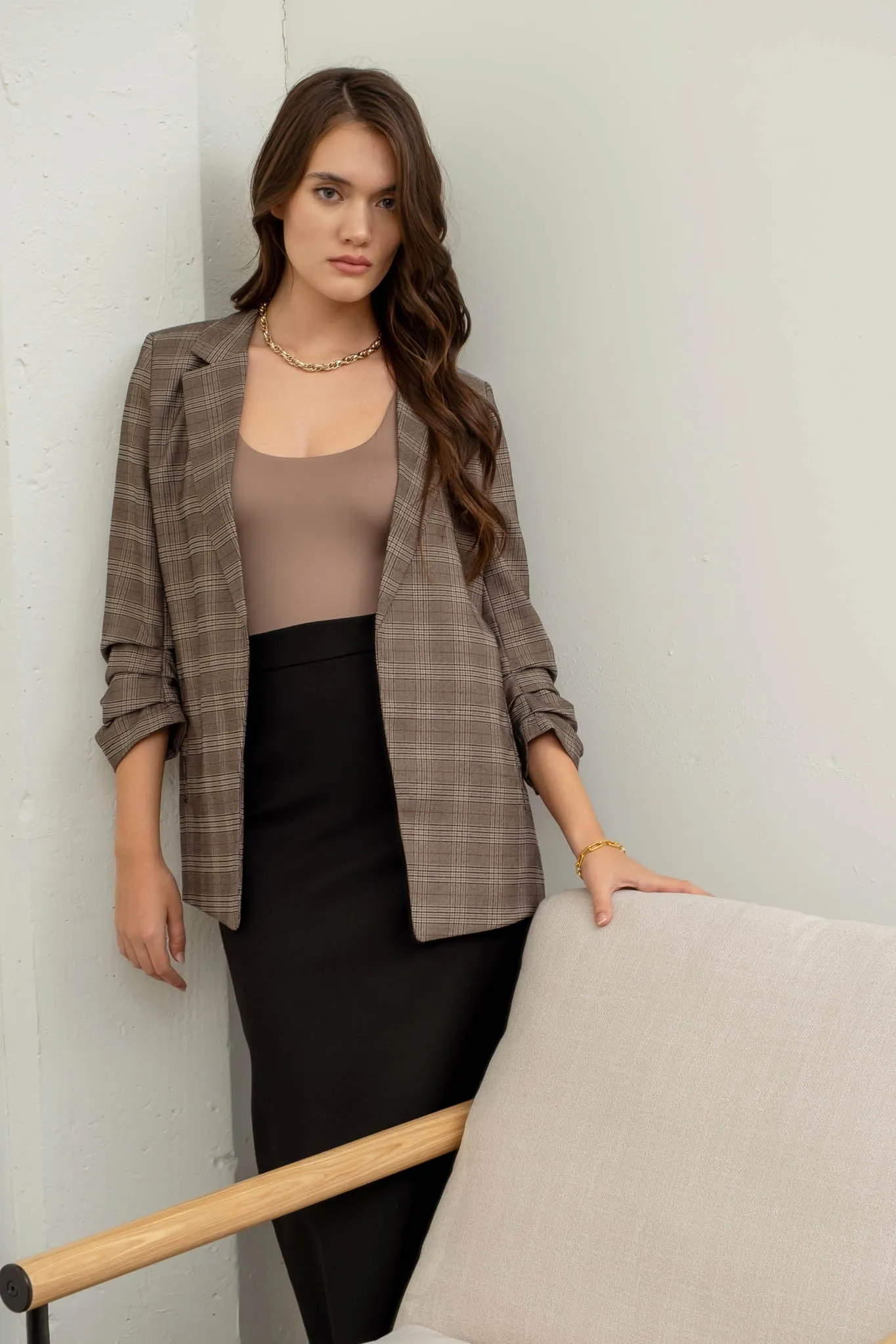 PLAID ROUCHED SLEEVE BLAZER sold by Blu Pepper product image thumbnail 4