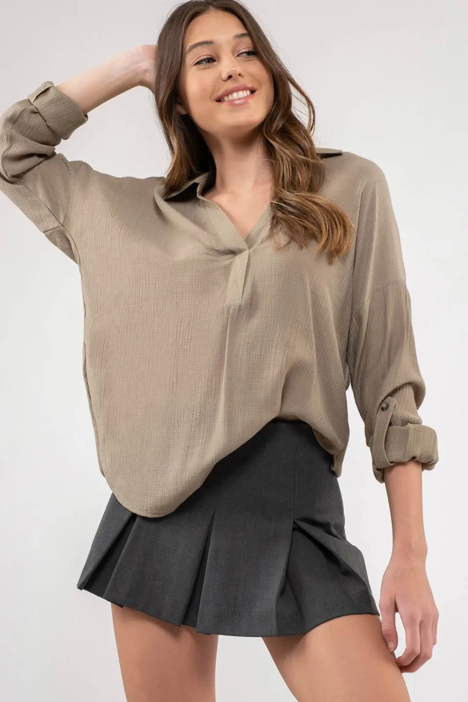 COLLARED SPLIT NECK LONG SLEEVE sold by Blu Pepper product image thumbnail 3