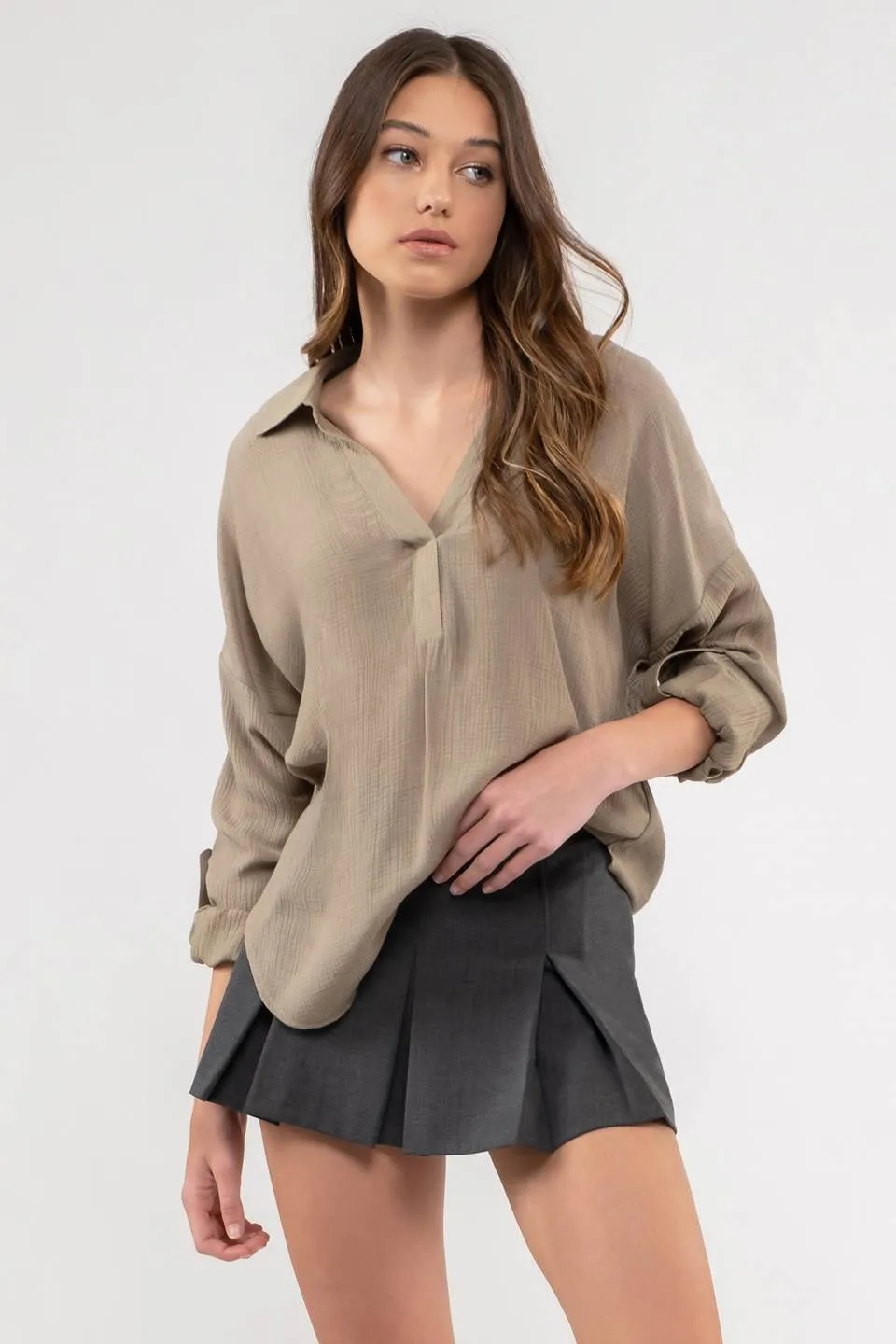 COLLARED SPLIT NECK LONG SLEEVE sold by Blu Pepper