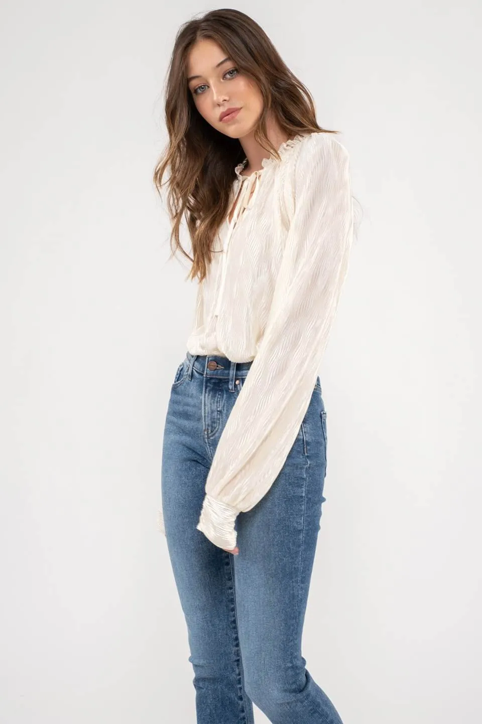 RUFFLE NECK TIE PLISSE LONG SLEEVE TOP sold by Blu Pepper product image thumbnail 3