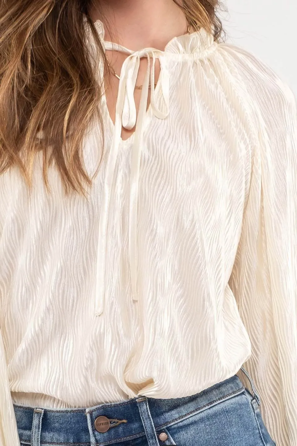 RUFFLE NECK TIE PLISSE LONG SLEEVE TOP sold by Blu Pepper product image thumbnail 4