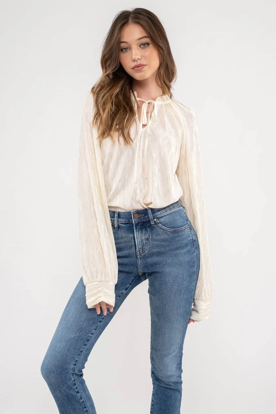 RUFFLE NECK TIE PLISSE LONG SLEEVE TOP sold by Blu Pepper product image thumbnail 5