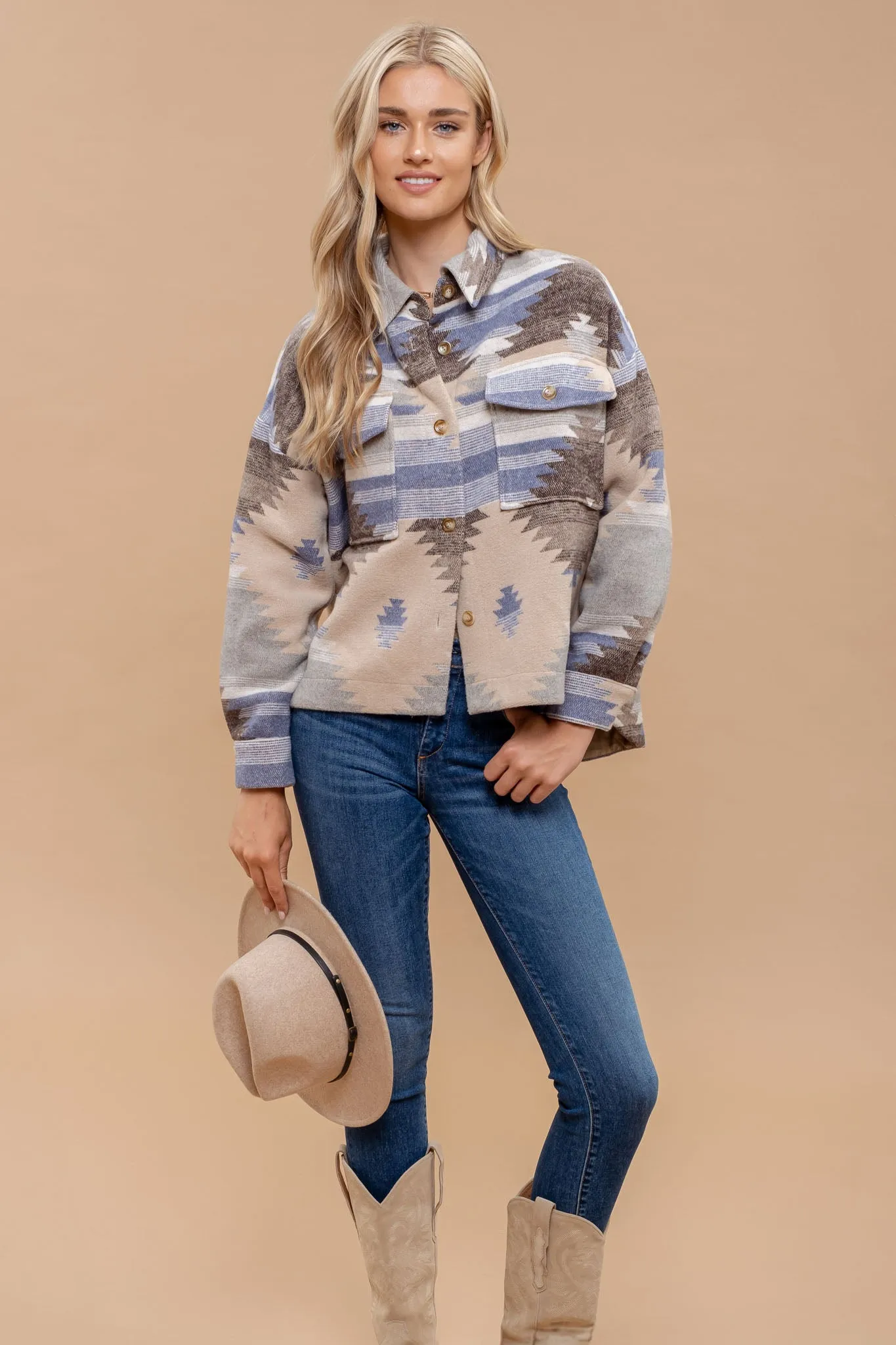 TRIBAL PRINT BUTTON DOWN SHACKET sold by Blu Pepper product image thumbnail 3