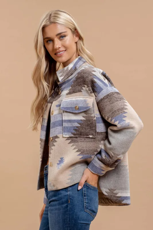 TRIBAL PRINT BUTTON DOWN SHACKET sold by Blu Pepper