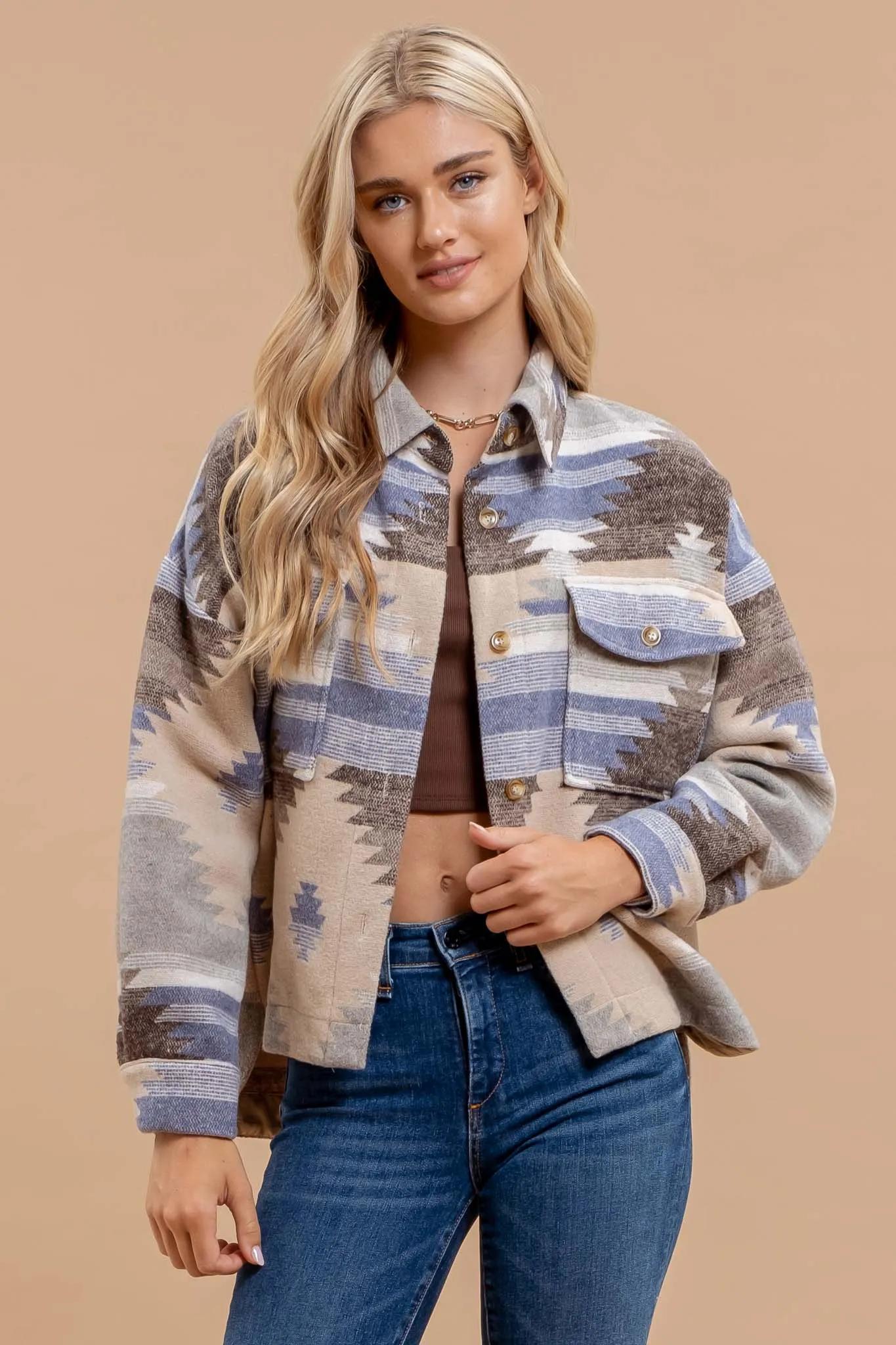 TRIBAL PRINT BUTTON DOWN SHACKET sold by Blu Pepper product image thumbnail 4