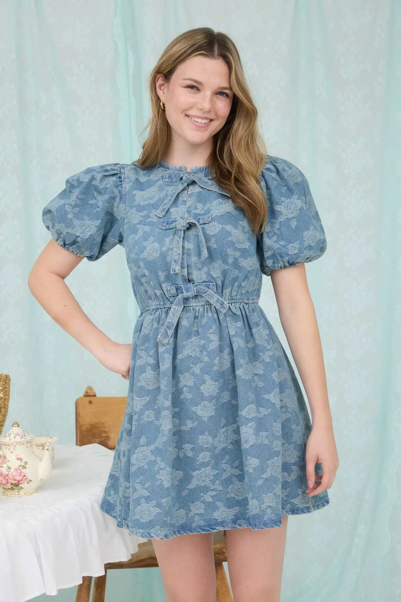 ROSE PATTERN FRONT TIE PUFF SLEEVE DENIM MINI DRESS sold by Blu Pepper product image thumbnail 4