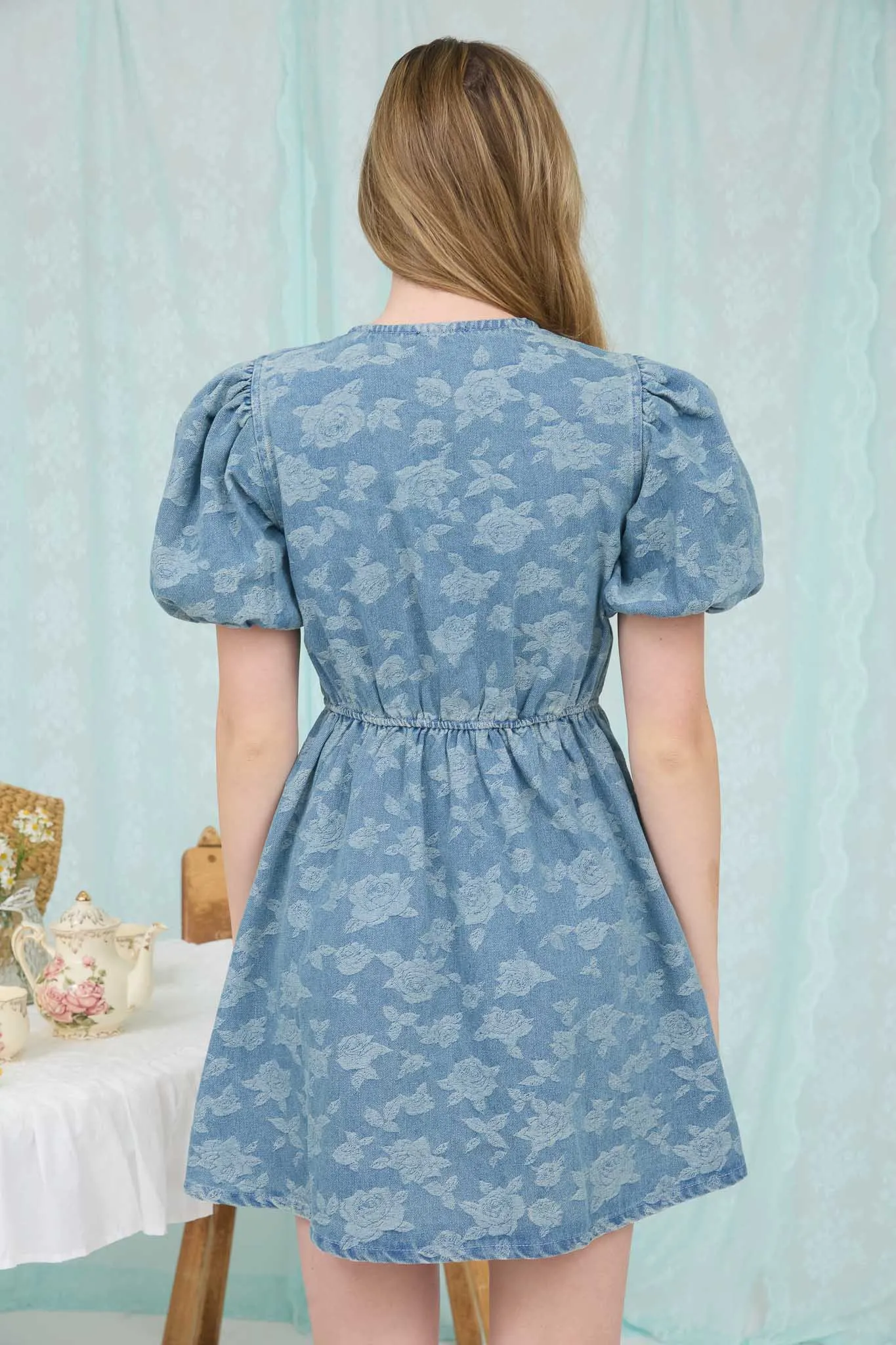 ROSE PATTERN FRONT TIE PUFF SLEEVE DENIM MINI DRESS sold by Blu Pepper product image thumbnail 2