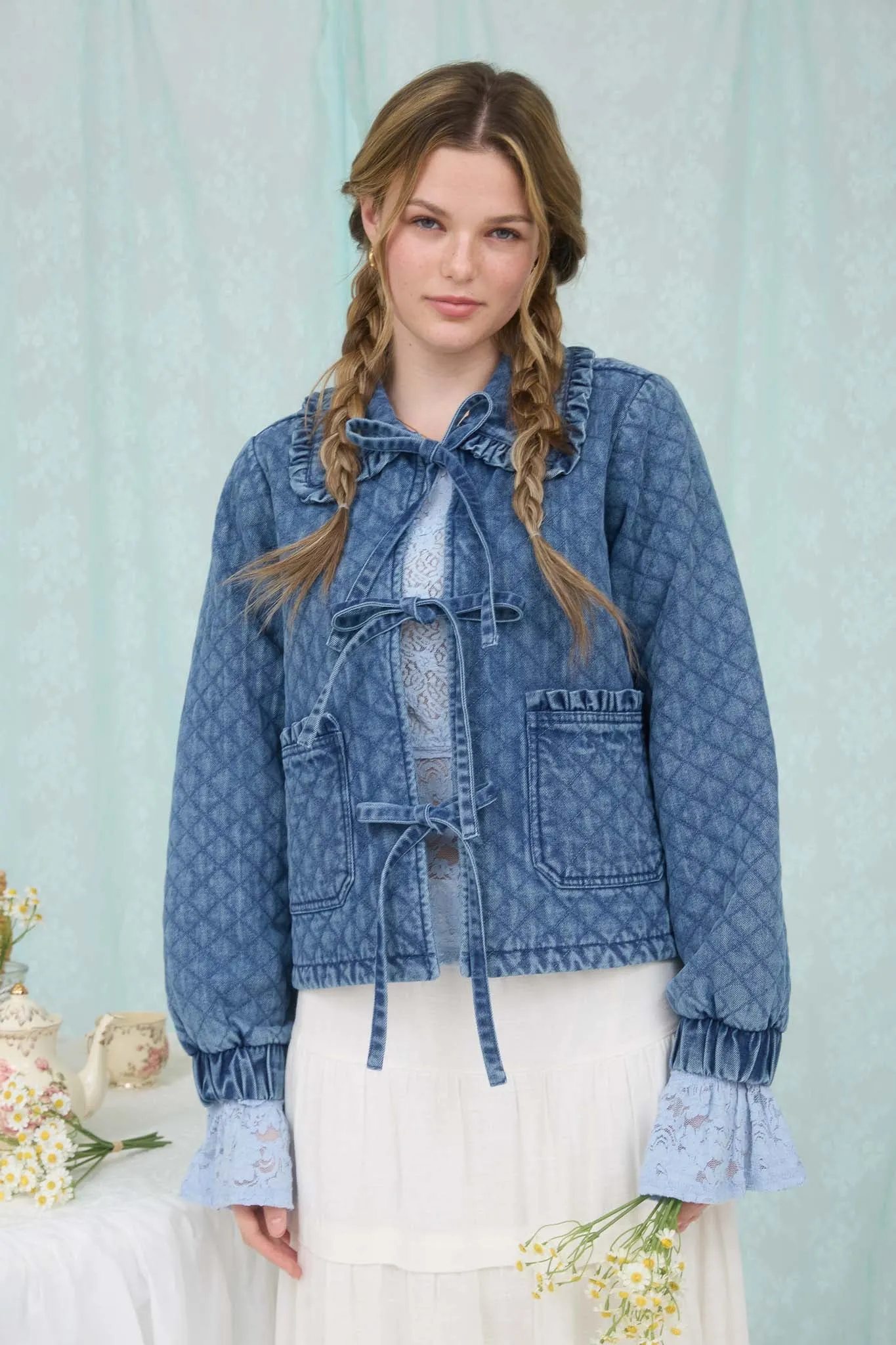 WASHED DENIM QUILTED FRONT TIE JACKET sold by Blu Pepper product image thumbnail 5