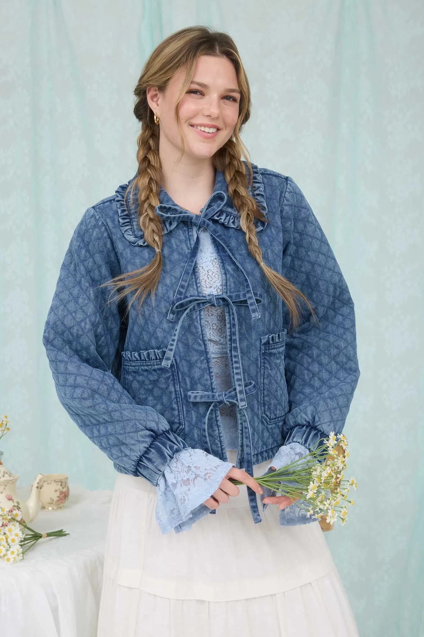 WASHED DENIM QUILTED FRONT TIE JACKET sold by Blu Pepper product image thumbnail 3