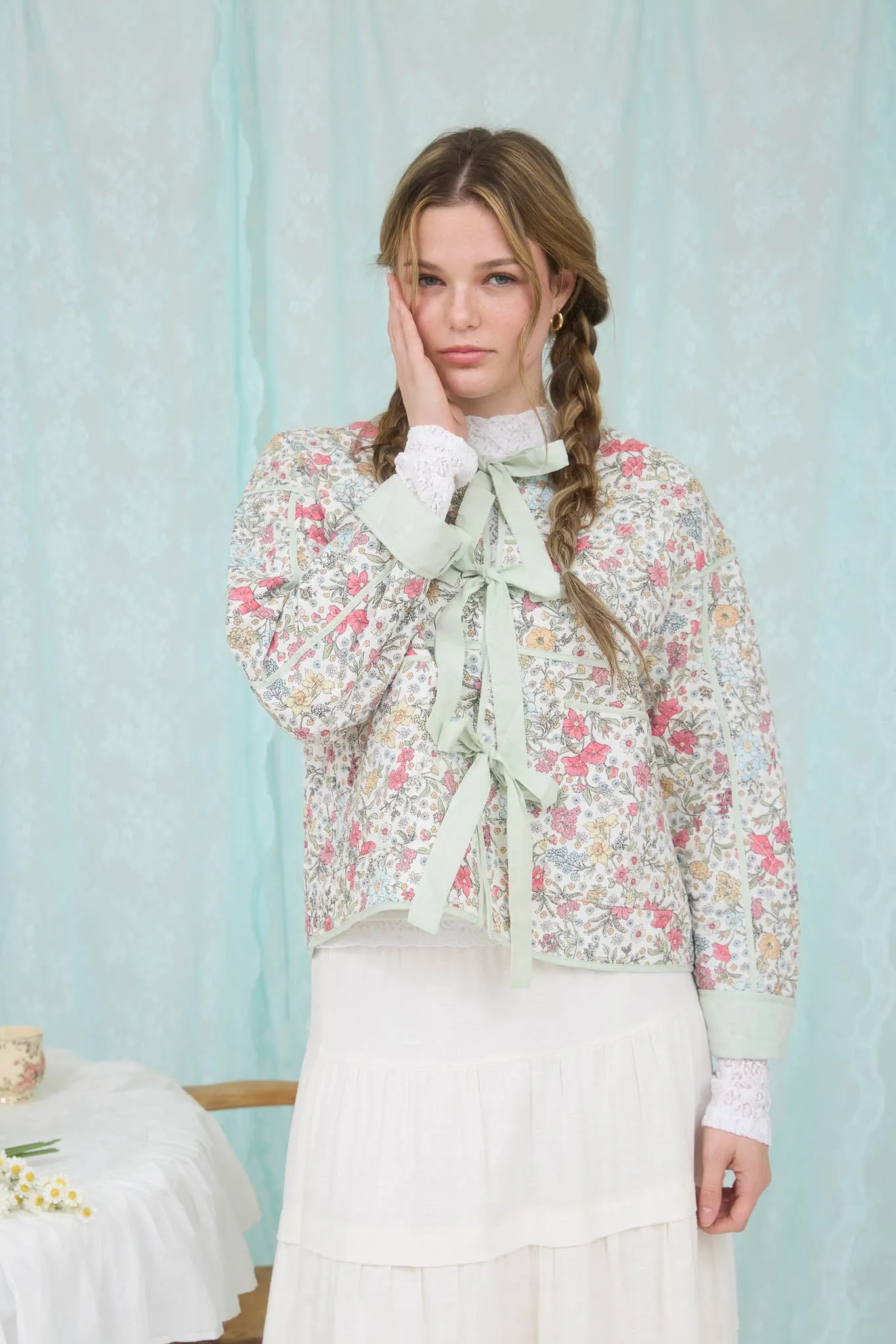 FLORAL FRONT TIE QUILTED JACKET sold by Blu Pepper product image thumbnail 4