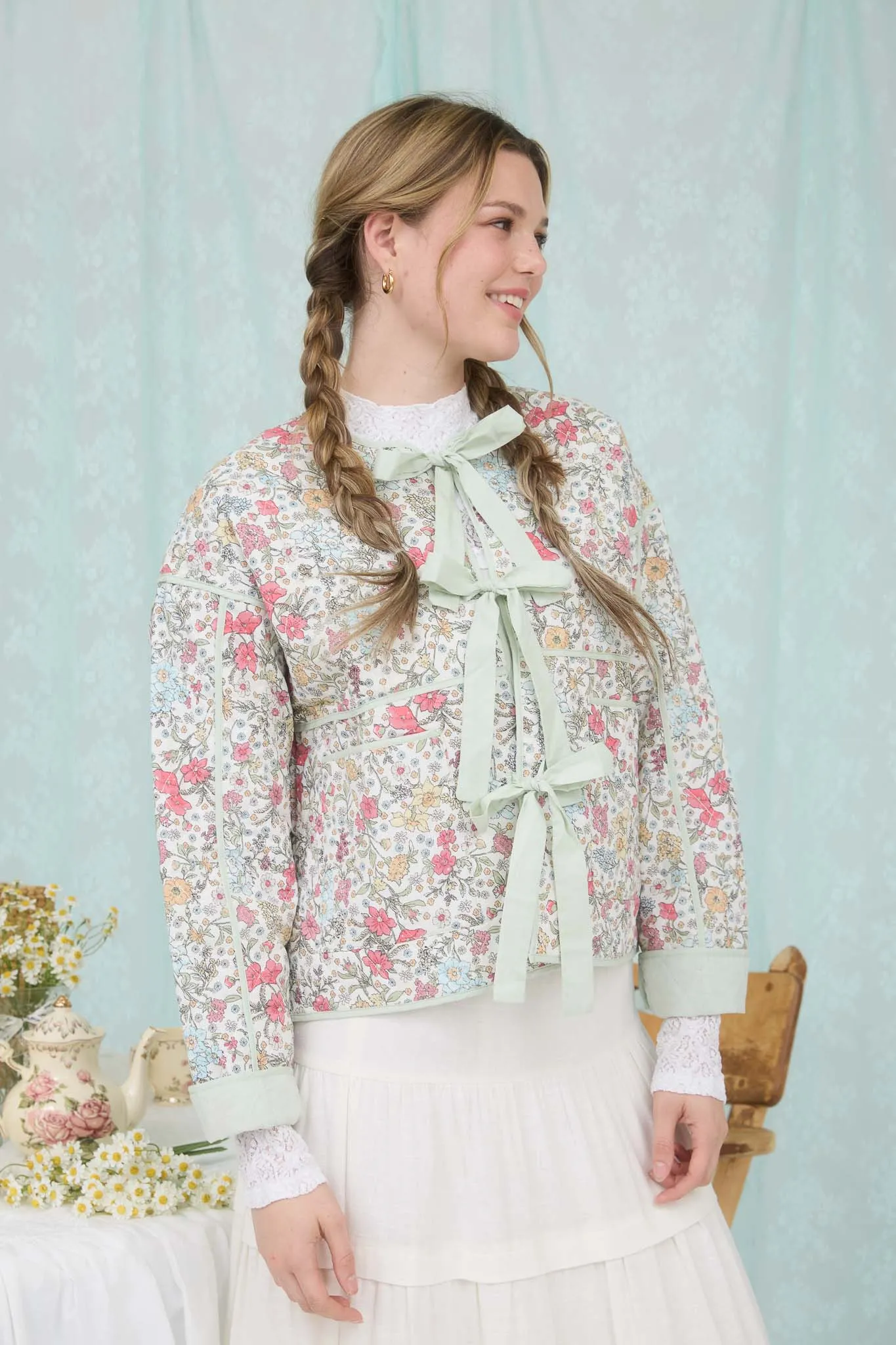 FLORAL FRONT TIE QUILTED JACKET sold by Blu Pepper product image thumbnail 3