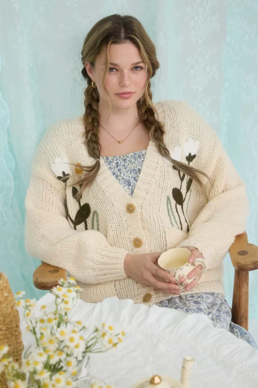 FLORAL EMBROIDERY V NECK BUTTON DOWN KNIT CARDIGAN made by Blu Pepper