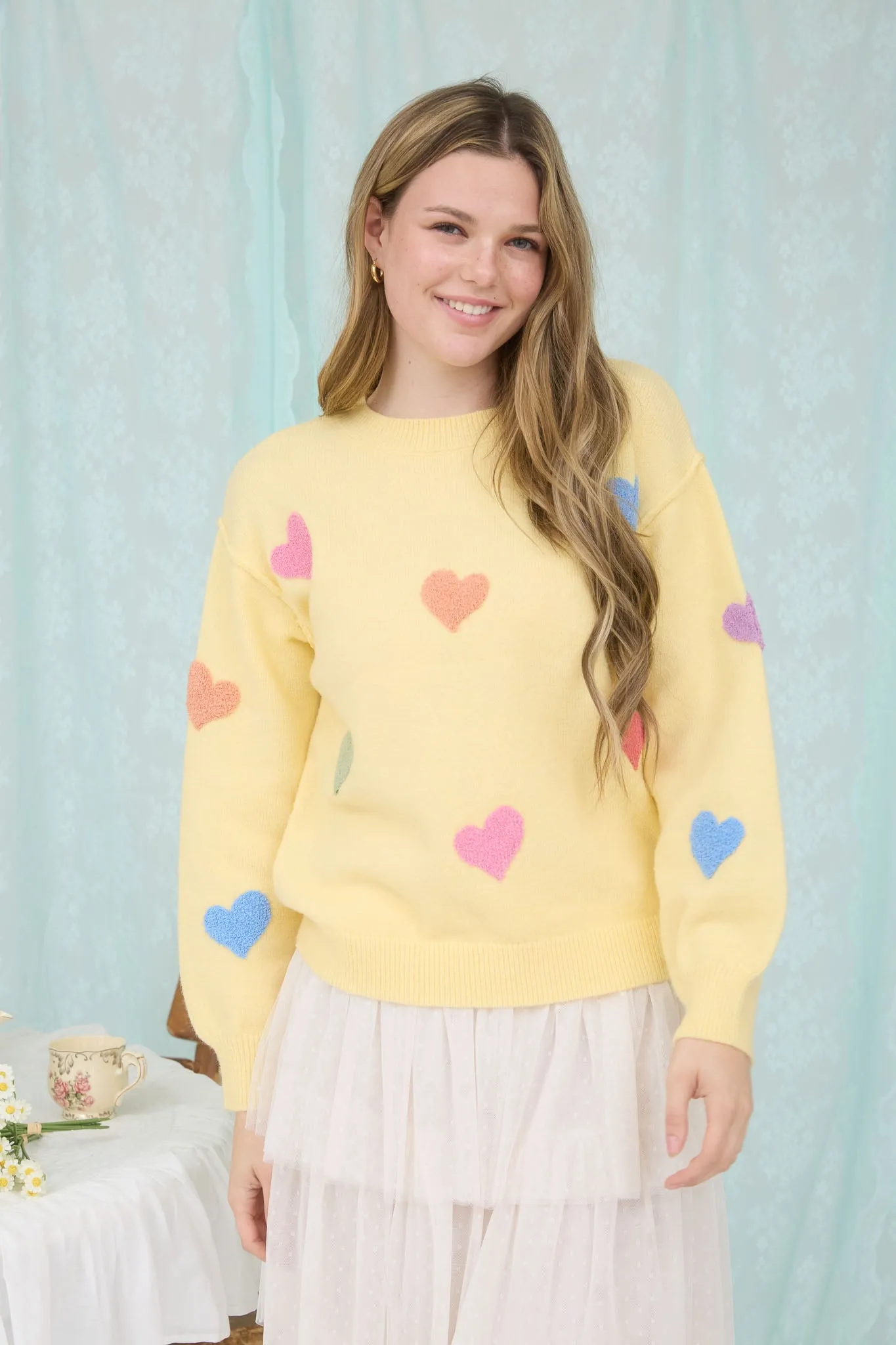 MULTICOLOR HEART CREWNECK KNIT PULLOVER SWEATER sold by Blu Pepper