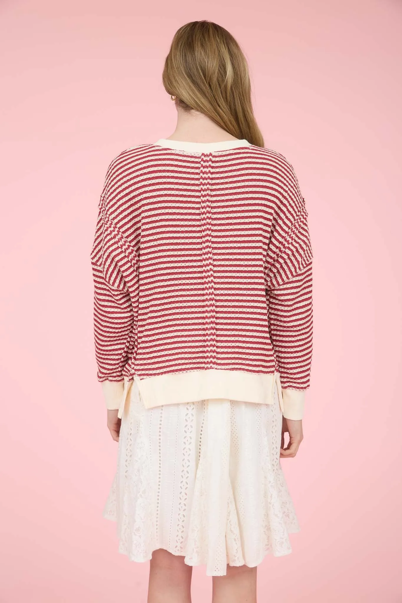 STRIPE EXPOSED SEAM SPLIT HEM LONG SLEEVE KNIT TOP sold by Blu Pepper product image thumbnail 2