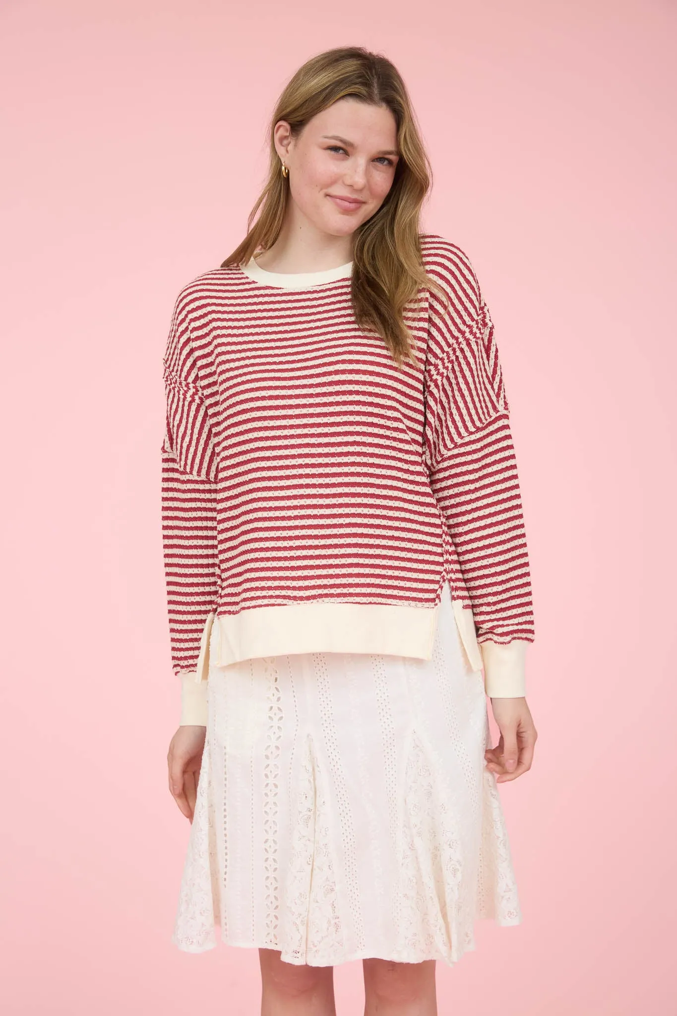 STRIPE EXPOSED SEAM SPLIT HEM LONG SLEEVE KNIT TOP sold by Blu Pepper product image thumbnail 4
