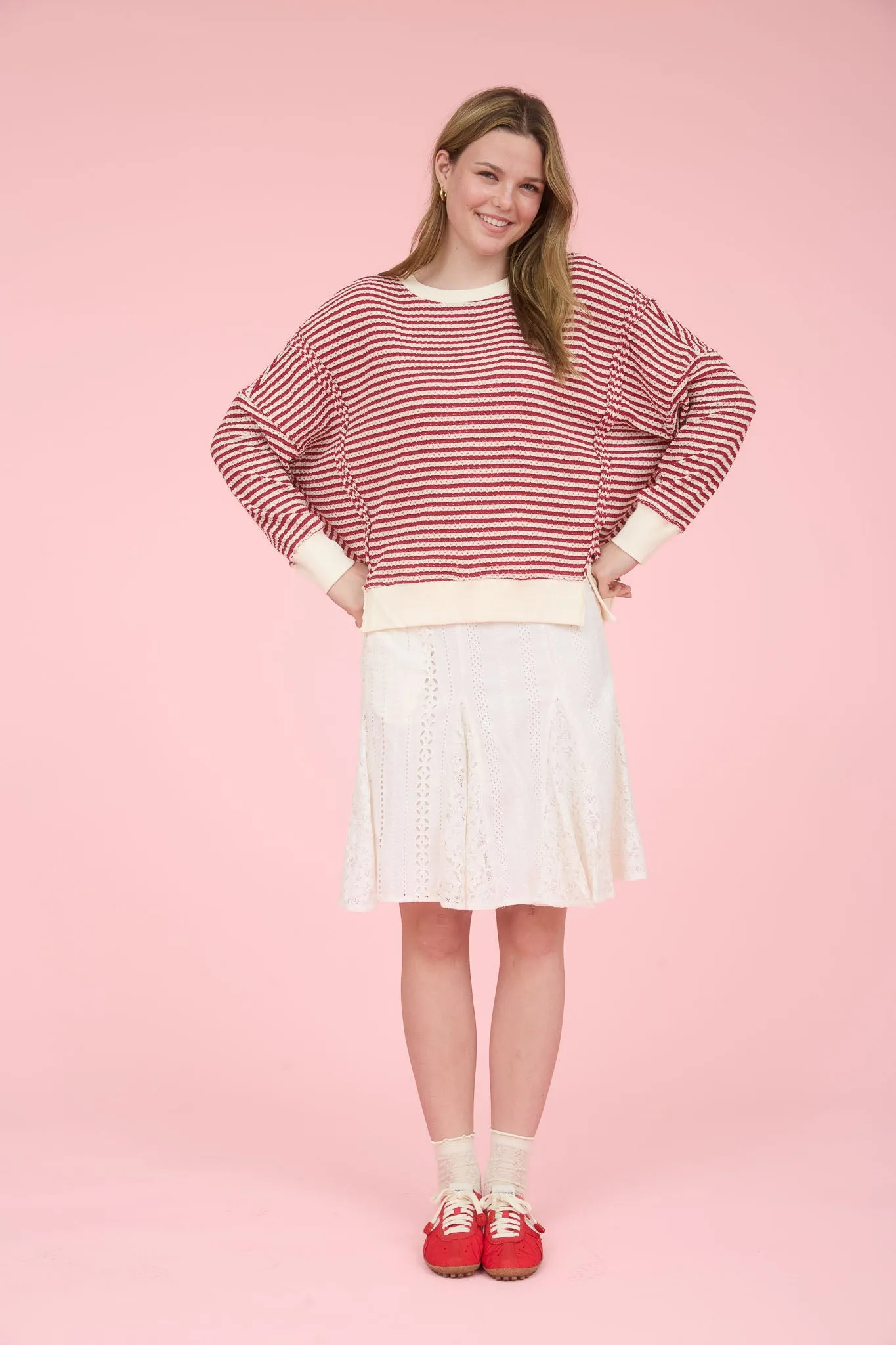 STRIPE EXPOSED SEAM SPLIT HEM LONG SLEEVE KNIT TOP sold by Blu Pepper product image thumbnail 5