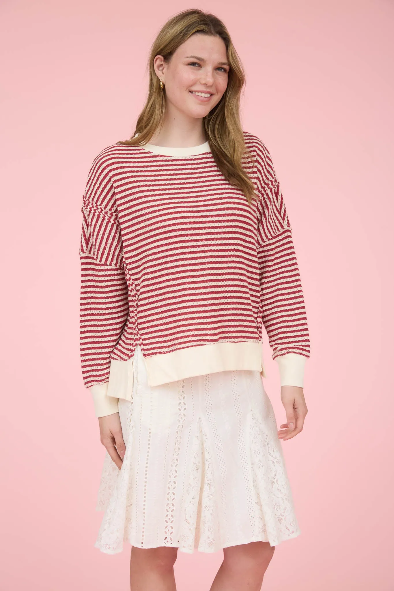 STRIPE EXPOSED SEAM SPLIT HEM LONG SLEEVE KNIT TOP sold by Blu Pepper product image thumbnail 3