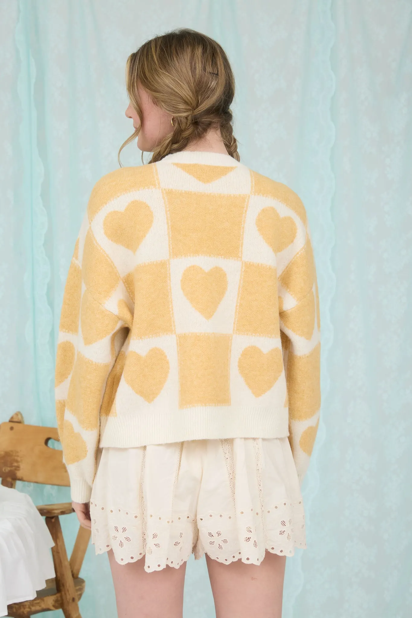 HEART CHECKERED PATTERN CREW NECK KNIT SWEATER sold by Blu Pepper product image thumbnail 2