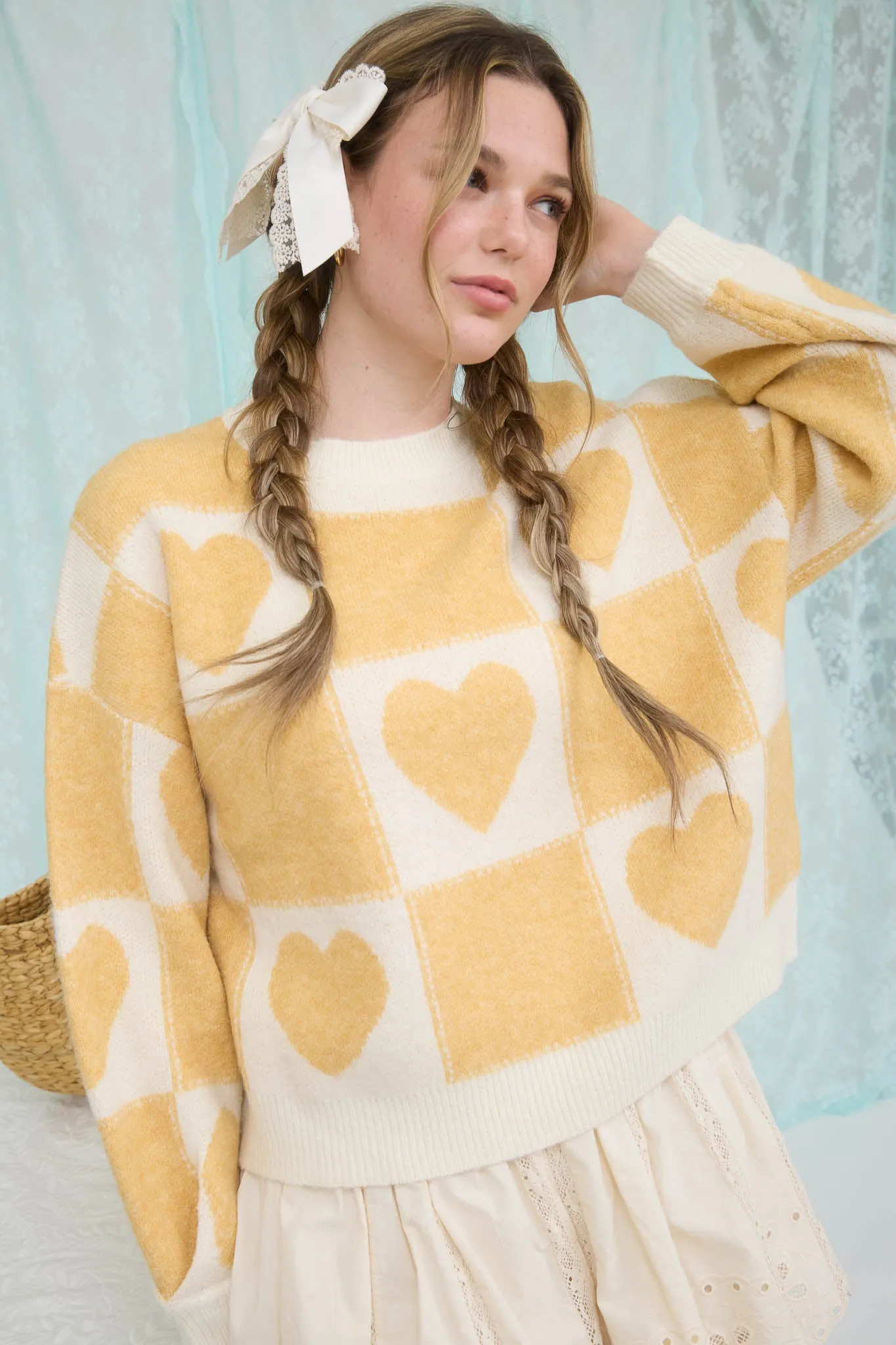 HEART CHECKERED PATTERN CREW NECK KNIT SWEATER sold by Blu Pepper