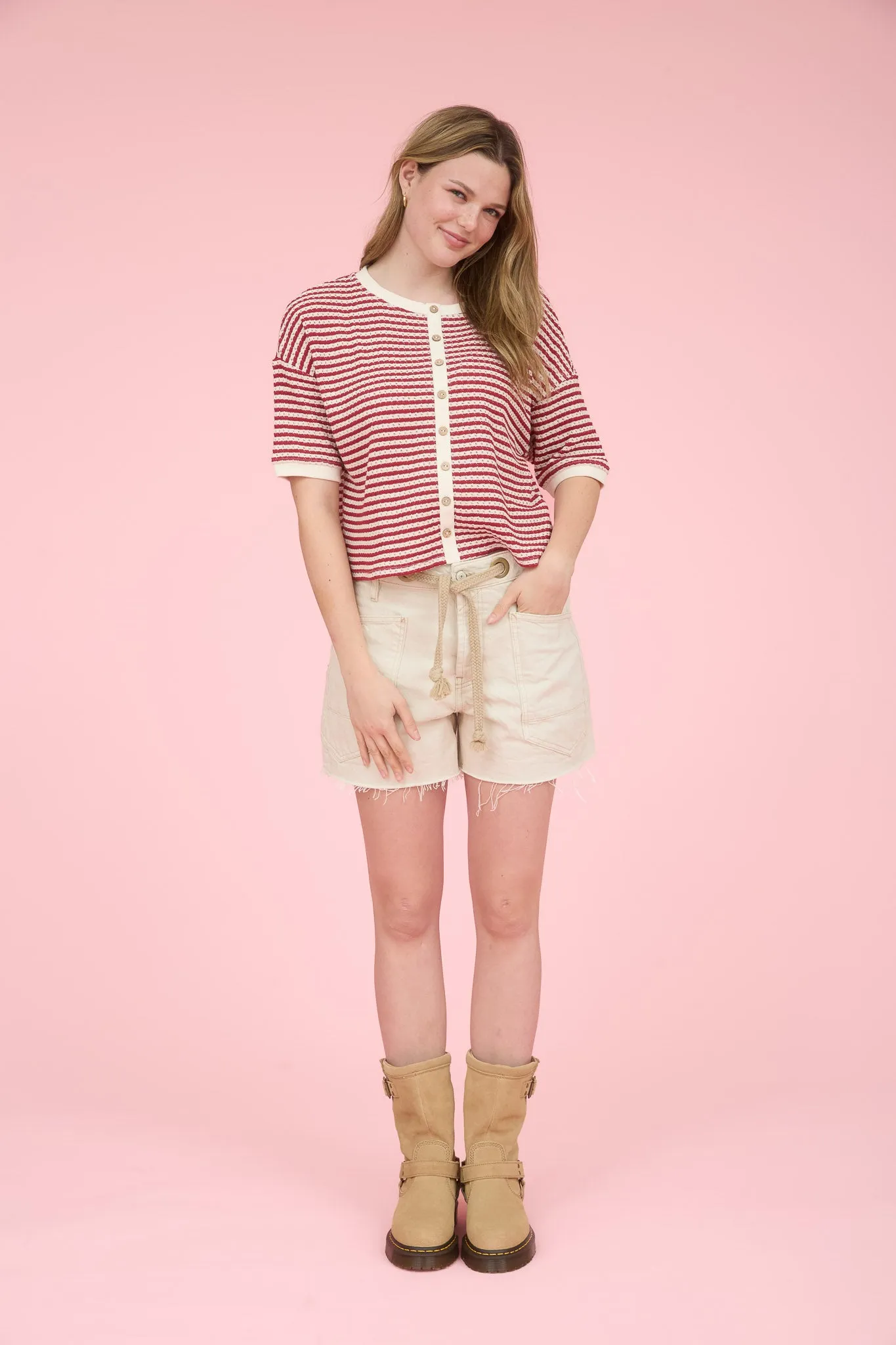 STRIPE BUTTON DOWN SHORT SLEEVE THERMAL KNIT TOP sold by Blu Pepper product image thumbnail 5