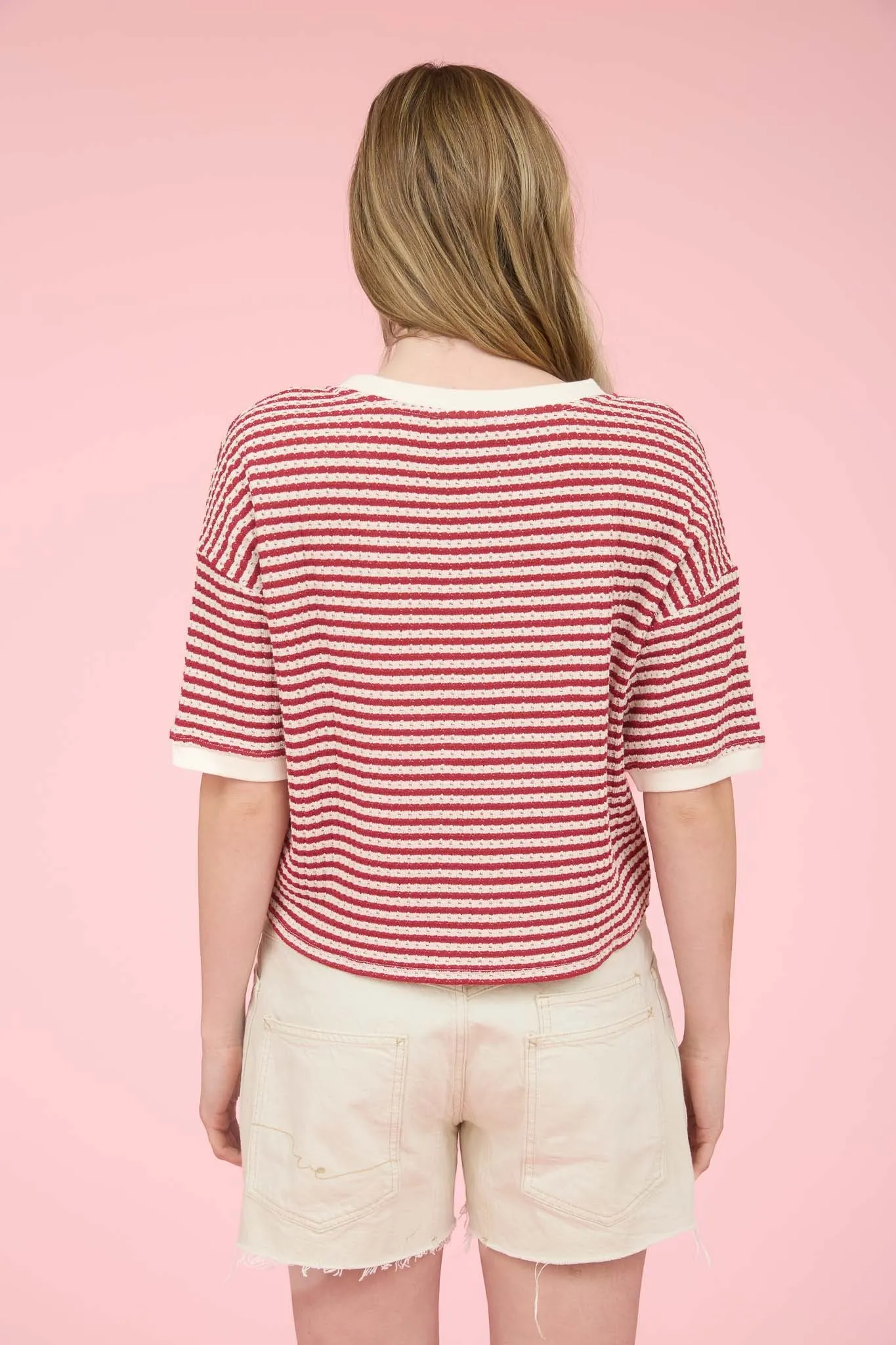STRIPE BUTTON DOWN SHORT SLEEVE THERMAL KNIT TOP sold by Blu Pepper product image thumbnail 2