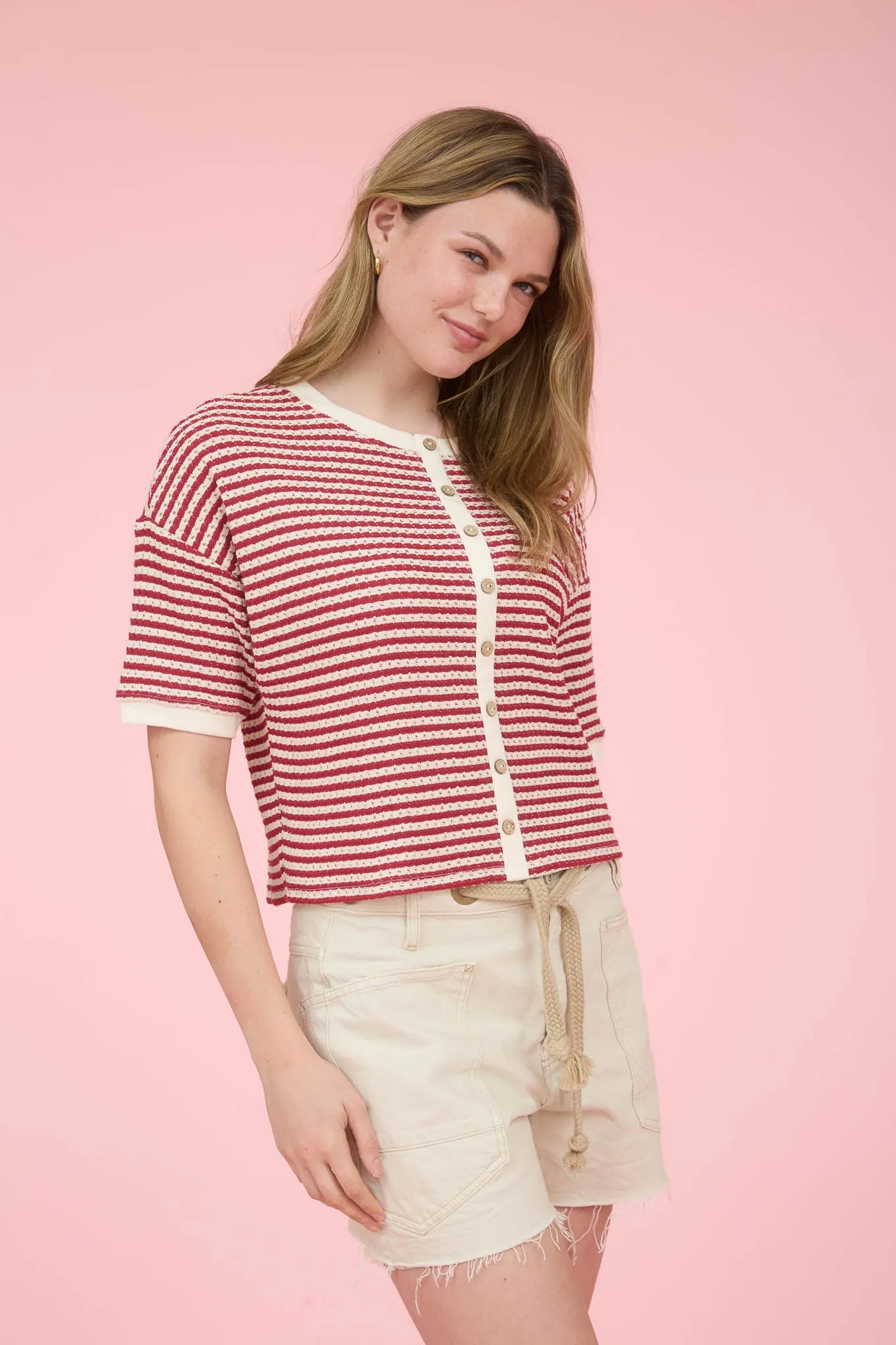 STRIPE BUTTON DOWN SHORT SLEEVE THERMAL KNIT TOP sold by Blu Pepper product image thumbnail 3