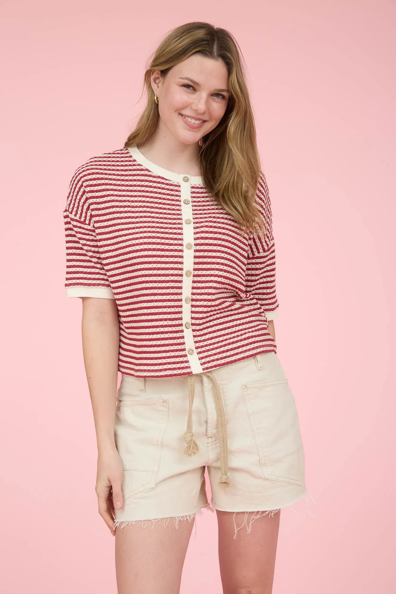 STRIPE BUTTON DOWN SHORT SLEEVE THERMAL KNIT TOP sold by Blu Pepper product image thumbnail 4