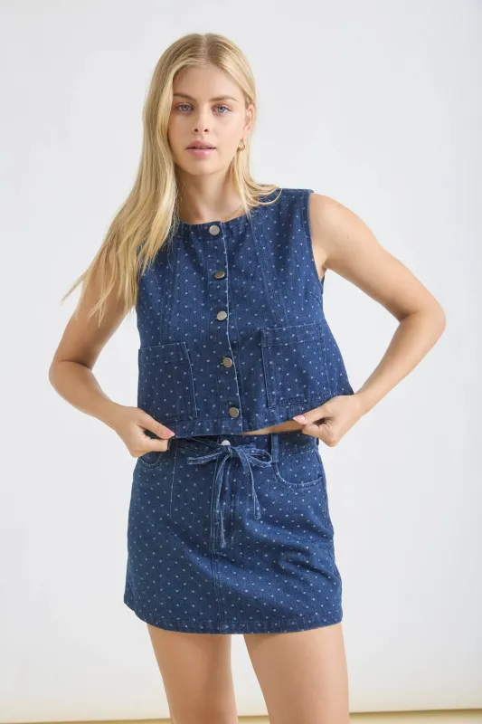 POLKADOT DENIM SLEEVELESS BUTTON DOWN CROP TOP (PRE-ORDER) sold by Blu Pepper
