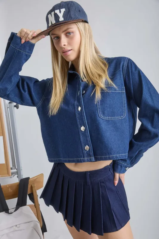 COLLARED BUTTON DOWN BOXY DENIM JACKET sold by Blu Pepper