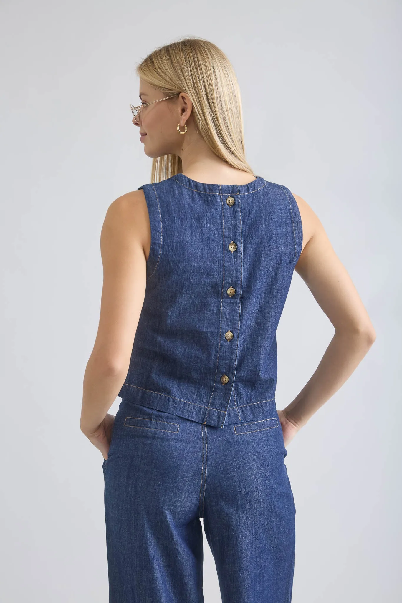 BOAT NECK BACK BUTTON SLEEVELESS DENIM TOP sold by Blu Pepper product image thumbnail 2