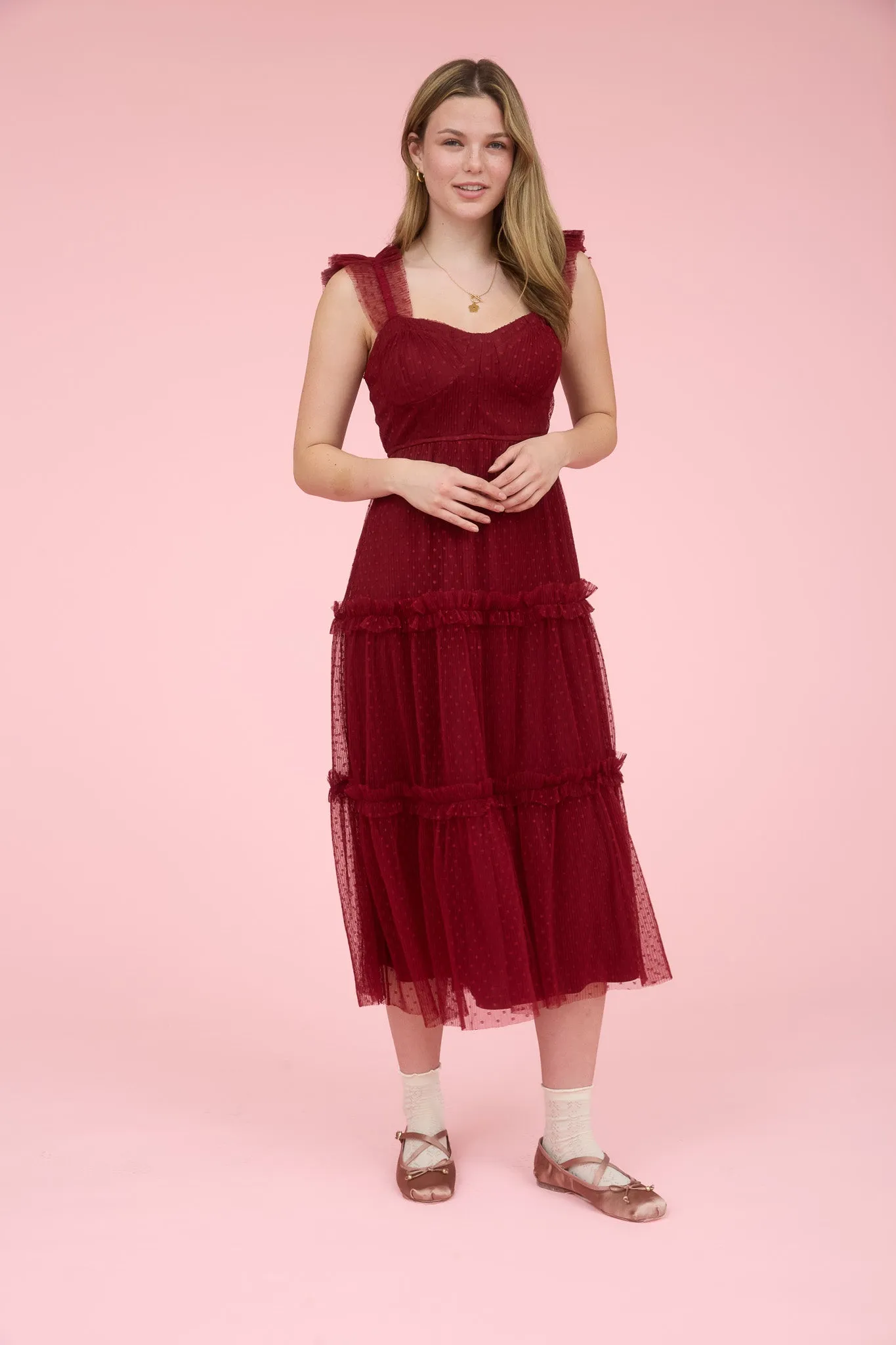 POLKA DOT TULLE RUFFLE DETAIL TIERED MIDI DRESS sold by Blu Pepper product image thumbnail 3