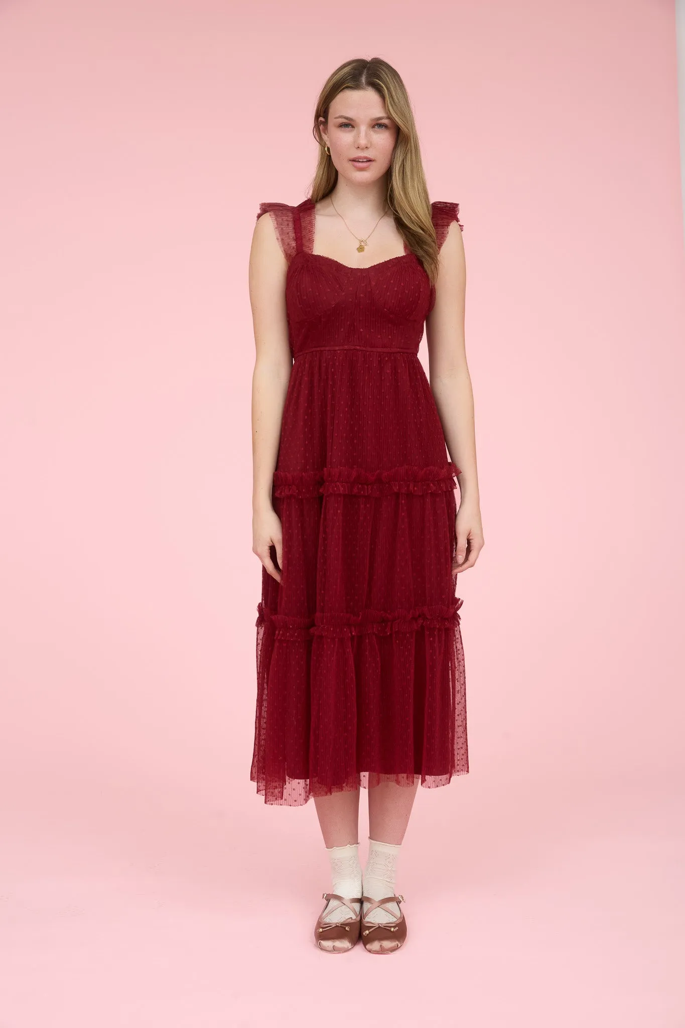 POLKA DOT TULLE RUFFLE DETAIL TIERED MIDI DRESS sold by Blu Pepper product image thumbnail 4