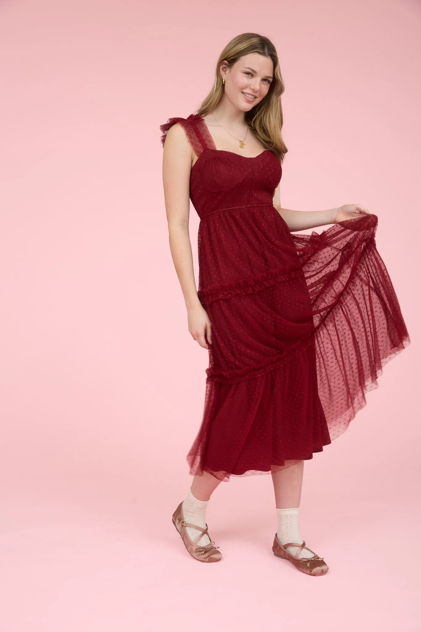 POLKA DOT TULLE RUFFLE DETAIL TIERED MIDI DRESS sold by Blu Pepper product image thumbnail 5