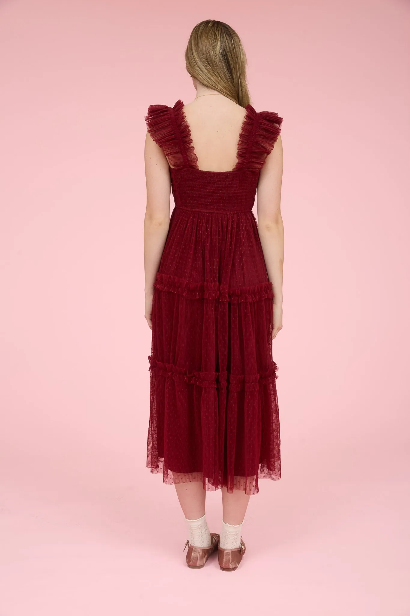 POLKA DOT TULLE RUFFLE DETAIL TIERED MIDI DRESS sold by Blu Pepper product image thumbnail 2