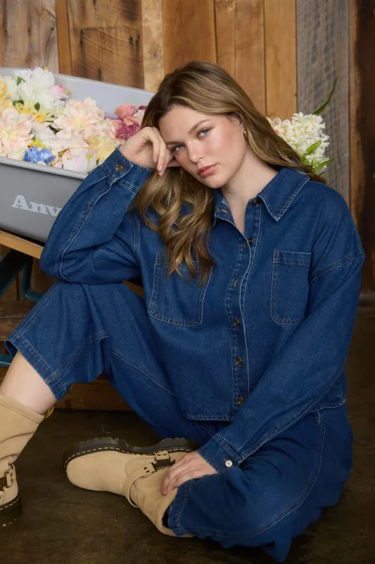 COLLARED BUTTON DOWN CROPPED DENIM JACKET (PRE-ORDER) sold by Blu Pepper