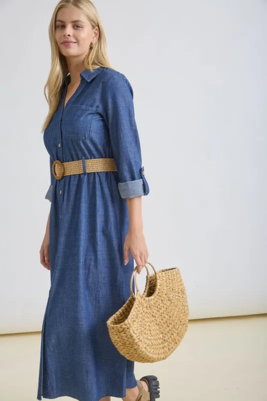 3/4 TAB SLEEVE BUTTON DOWN BELTED DENIM DRESS sold by Blu Pepper