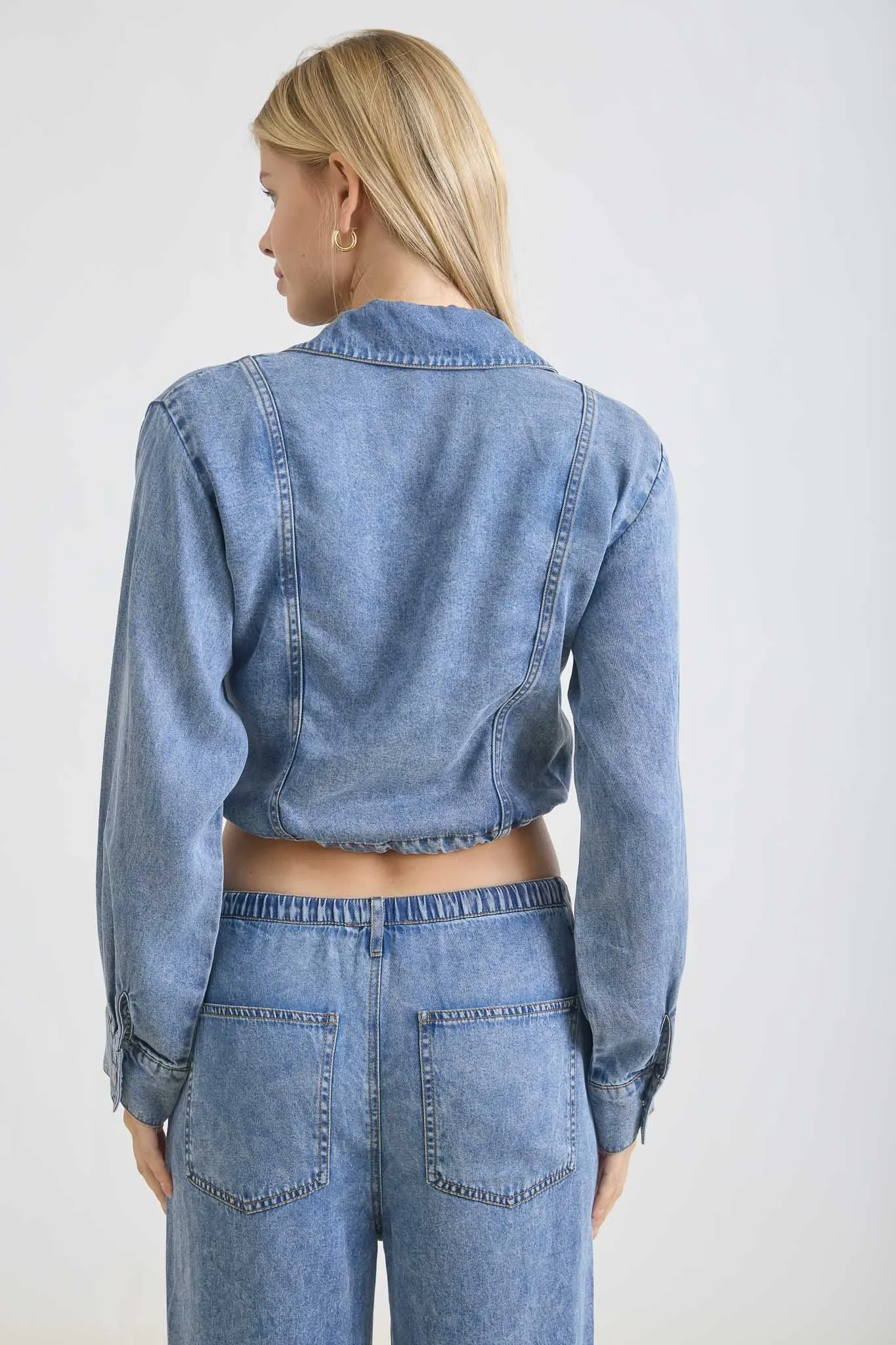 WASHED DENIM BUTTON DOWN DRAWSTRING CROP TOP (PRE-ORDER) sold by Blu Pepper product image thumbnail 2