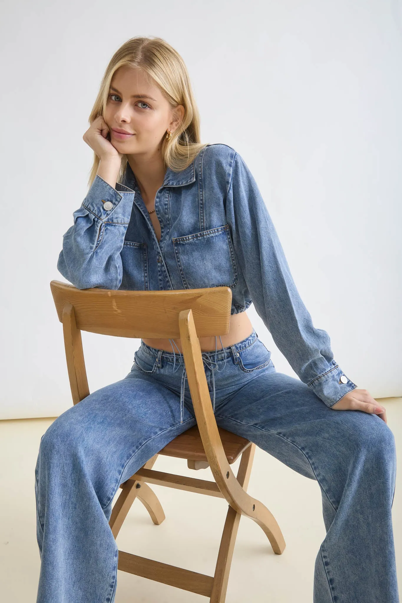 WASHED DENIM BUTTON DOWN DRAWSTRING CROP TOP (PRE-ORDER) sold by Blu Pepper product image thumbnail 4