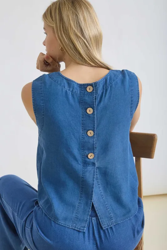 CHAMBRAY BACK HALF BUTTON DETAIL CROP TOP (PRE-ORDER) sold by Blu Pepper