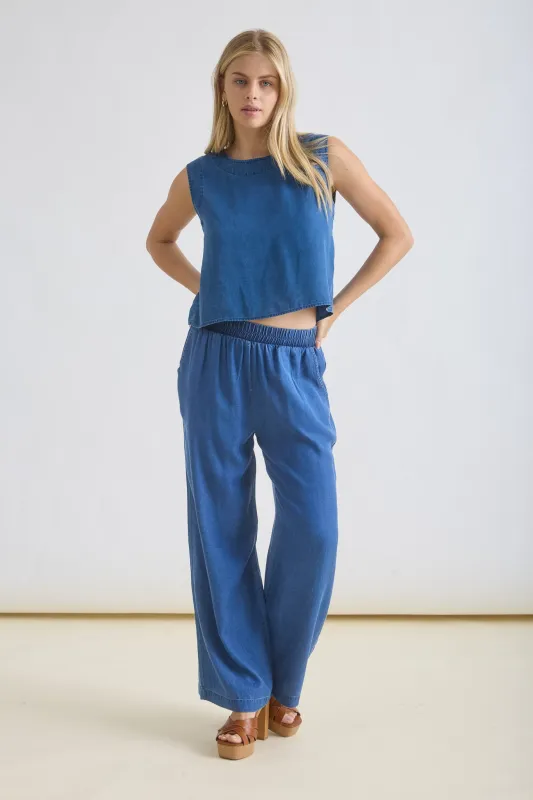 CHAMBRAY ELASTIC HIGH WAIST WIDE LEG PANTS (PRE-ORDER) sold by Blu Pepper