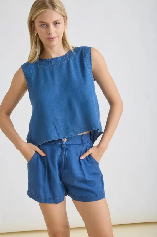 CHAMBRAY HIGH WAIST PINTUCK DETAIL SHORTS (PRE-ORDER) sold by Blu Pepper