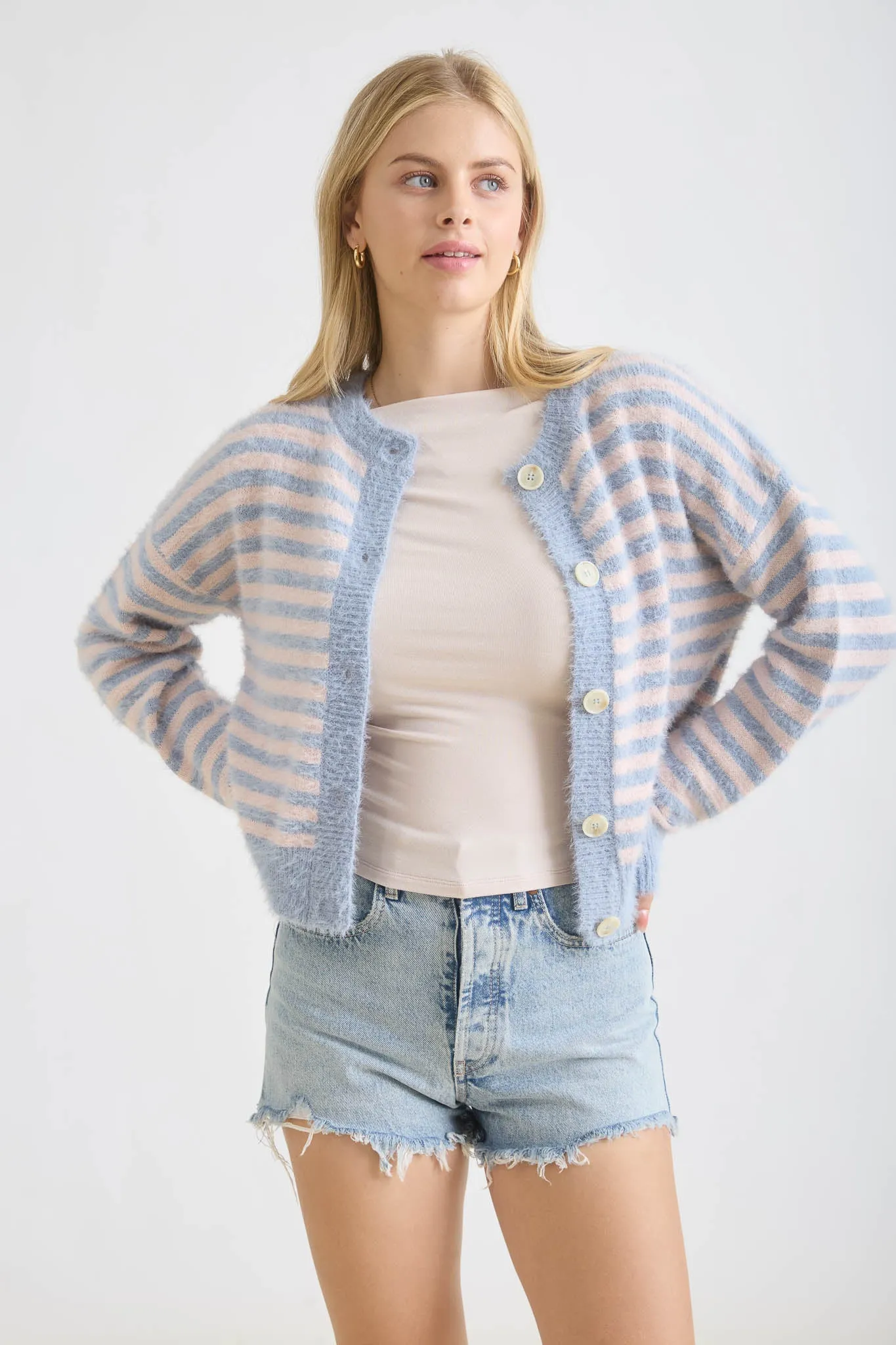 STRIPE ROUND NECK BUTTON DOWN FUZZY KNIT CARDIGAN sold by Blu Pepper product image thumbnail 4